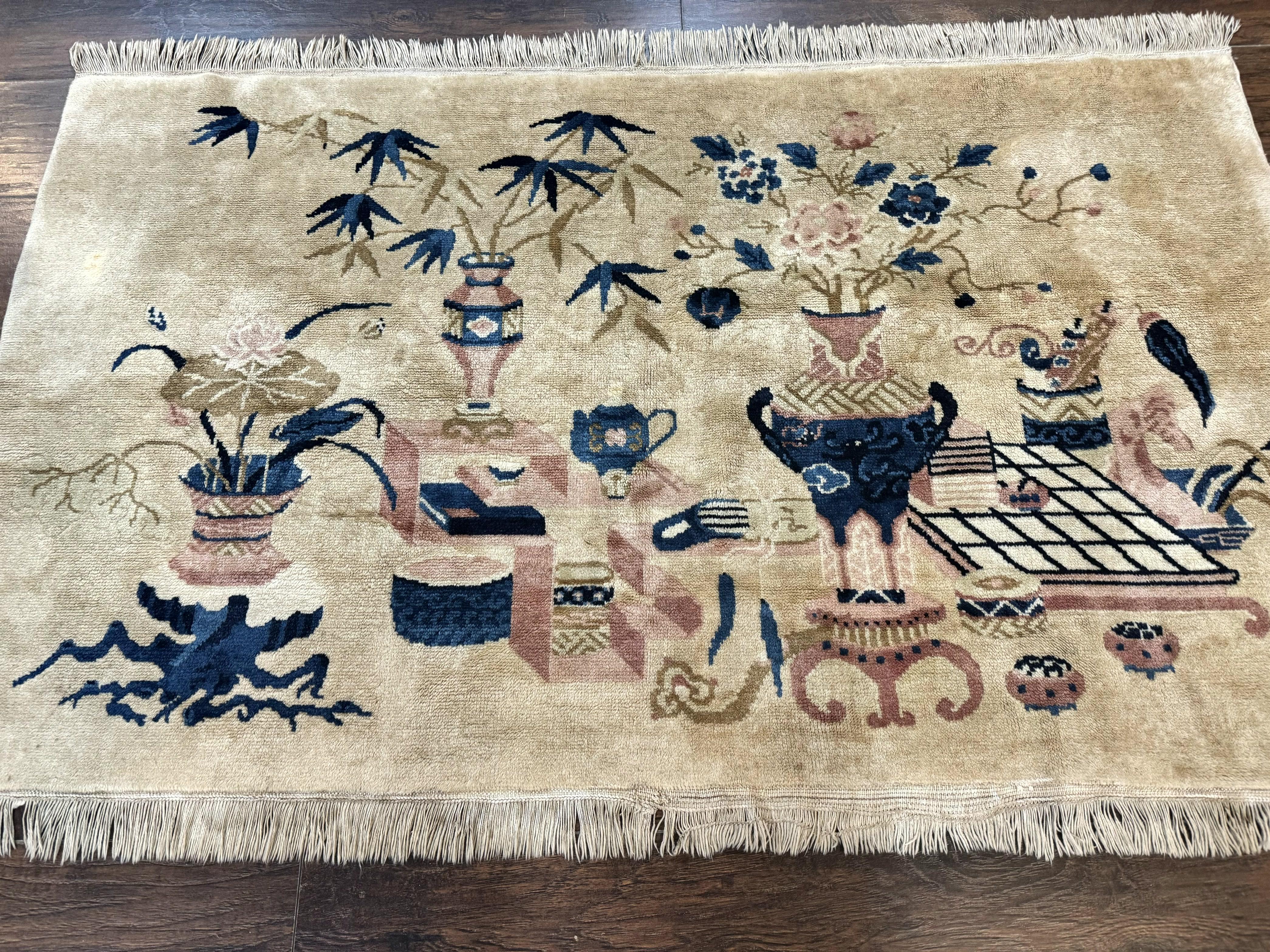 Chinese Rug 5x3, Horizontal Rug, Vases Flowers, Handmade Antique Vintage Carpet, Peking Rug, Chinese Wool Rug - Jewel Rugs
