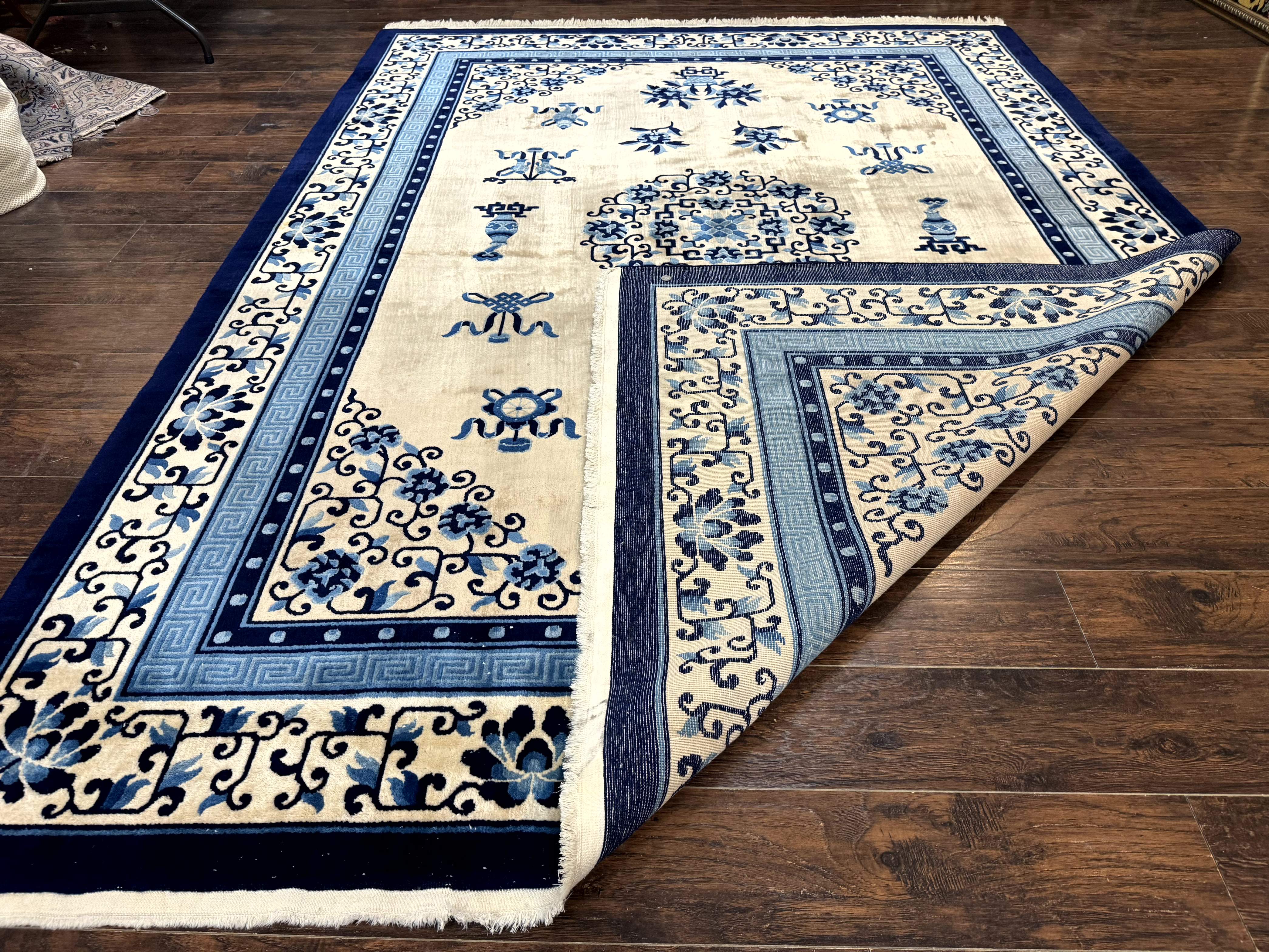 Chinese Peking Rug 8x11 – Ivory and Blue, Hand-Knotted Wool, Asian Oriental Carpet - Jewel Rugs