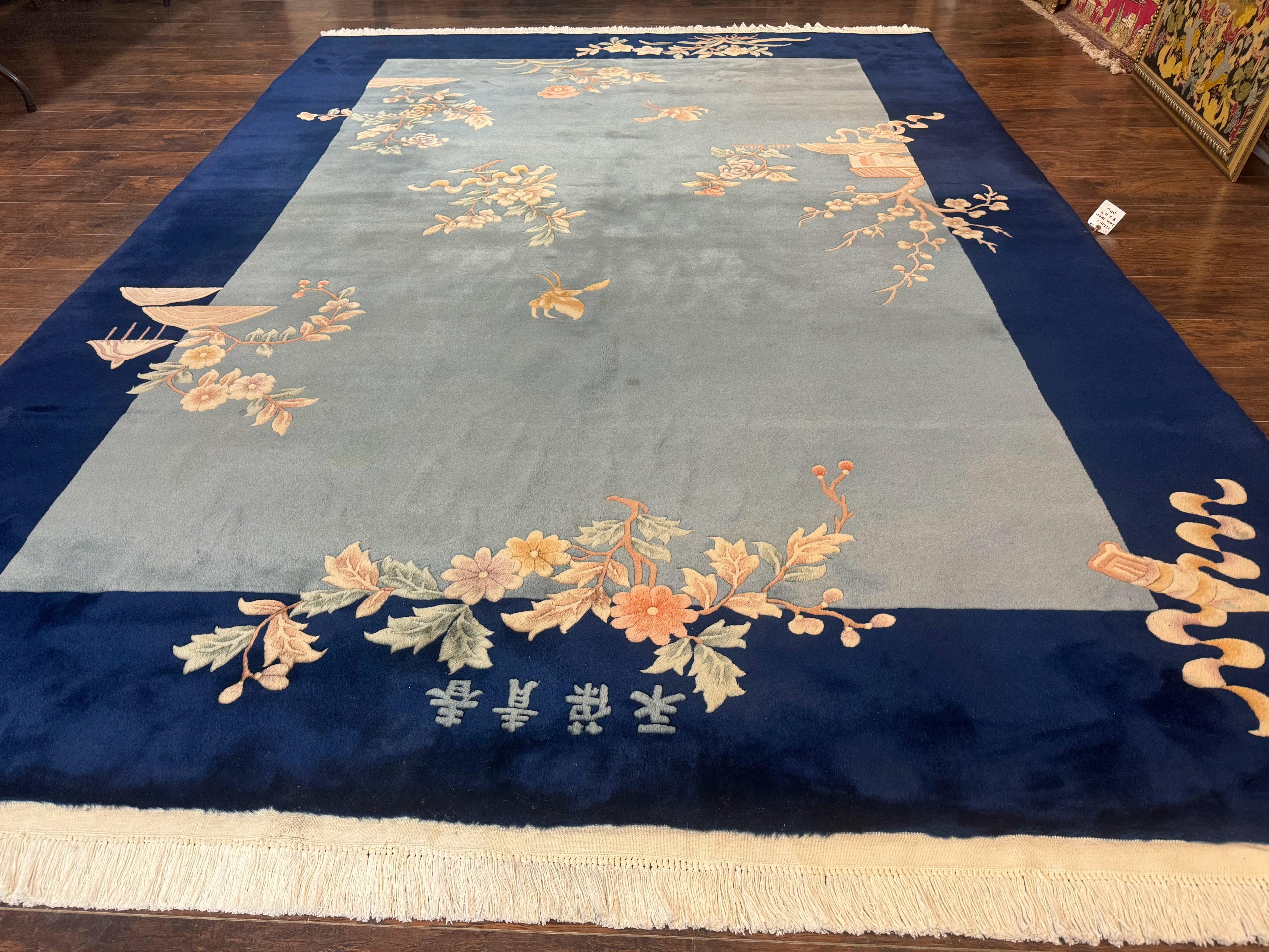 Blue Chinese Wool Rug 8 x 11.5, Open Field, Simple Design, Flowers, 90 Line Rug, Vintage Art Deco Carpet, Asian Oriental Rug - Jewel Rugs