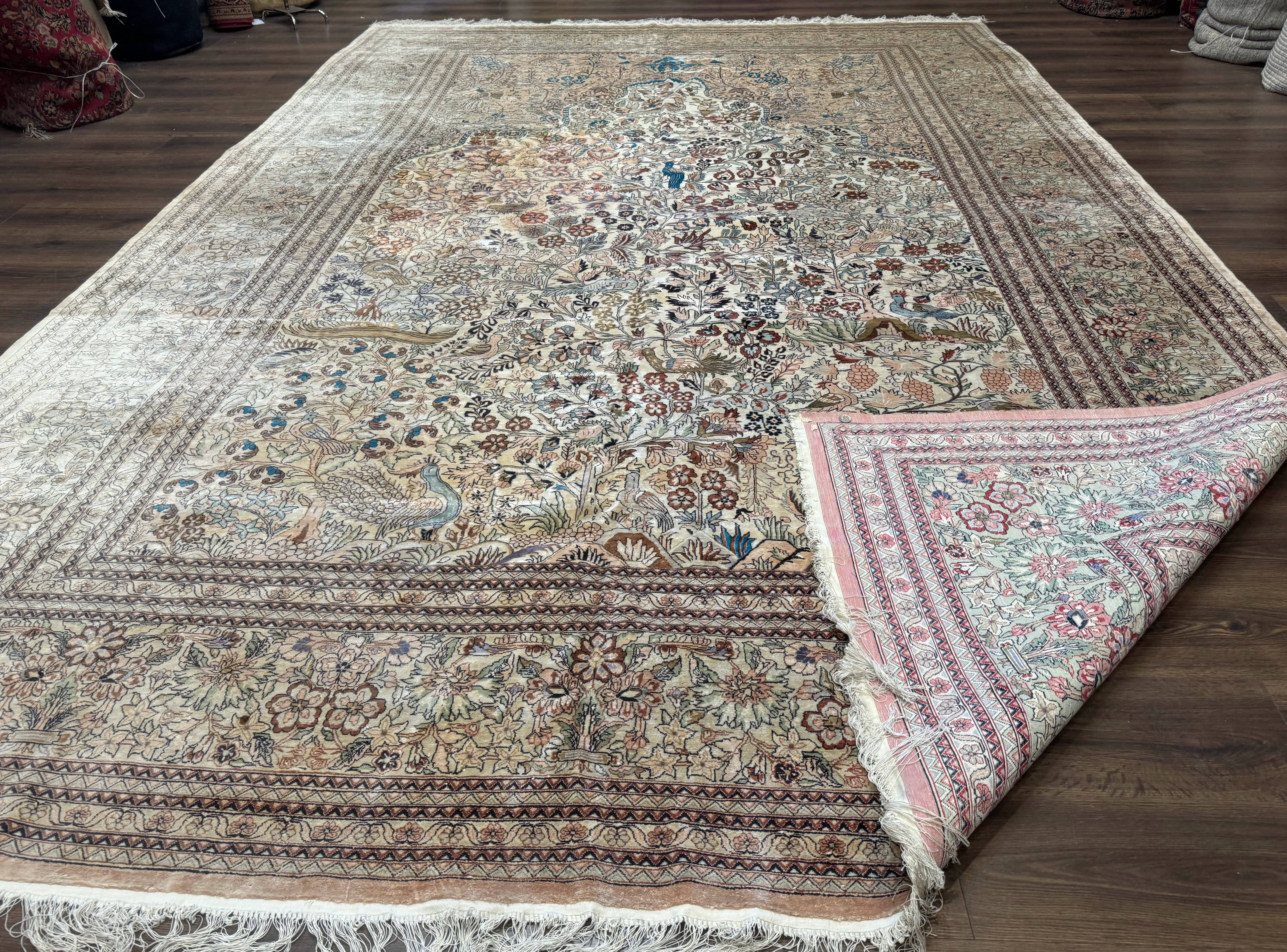 Indian Kashmiri Rug 9x14 Tree of Life Silk on Silk Animal Pictorials - Jewel Rugs