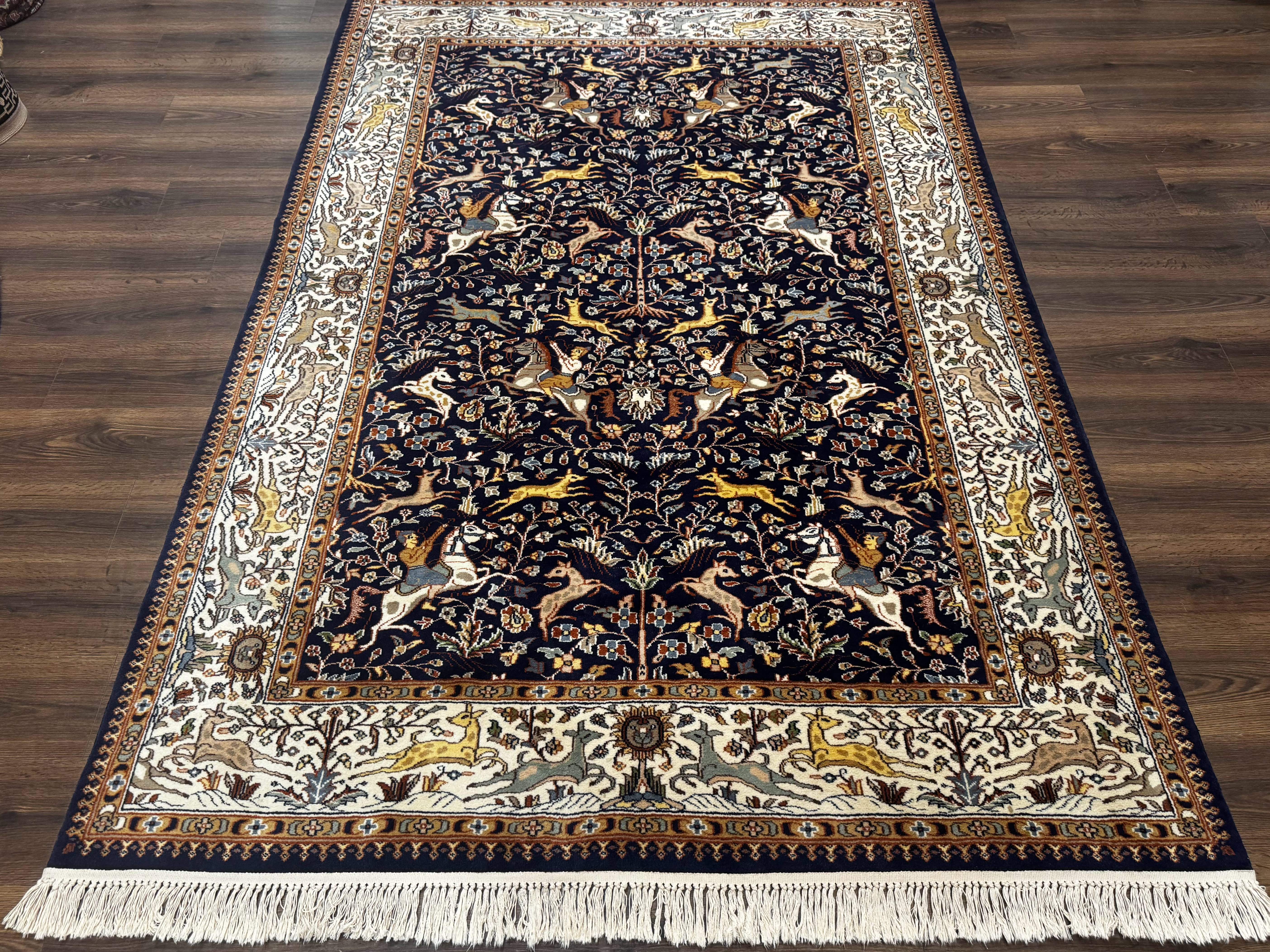 Indian Kashmiri Rug 6x9, Navy Blue and Ivory, Tree of Life, Hunting Design, Animal Pictorials, Horse Deer - Jewel Rugs