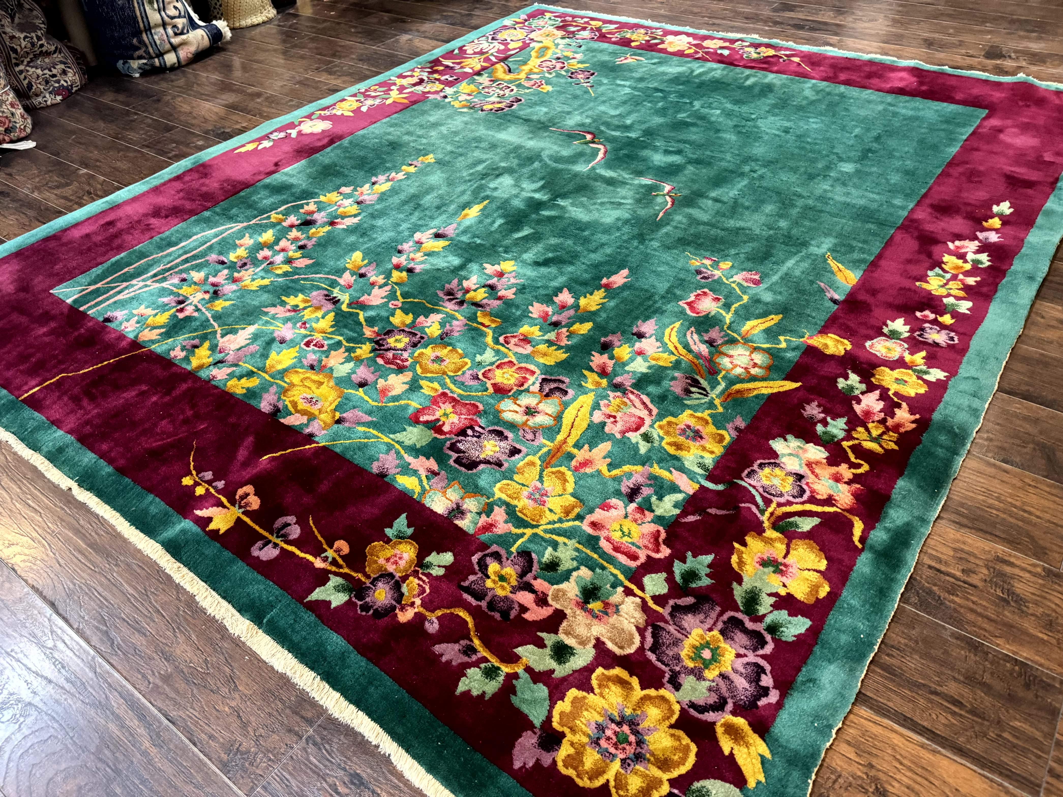 Antique Chinese Art Deco Rug 8x10 - Green Nichols Wool Rug - Jewel Rugs