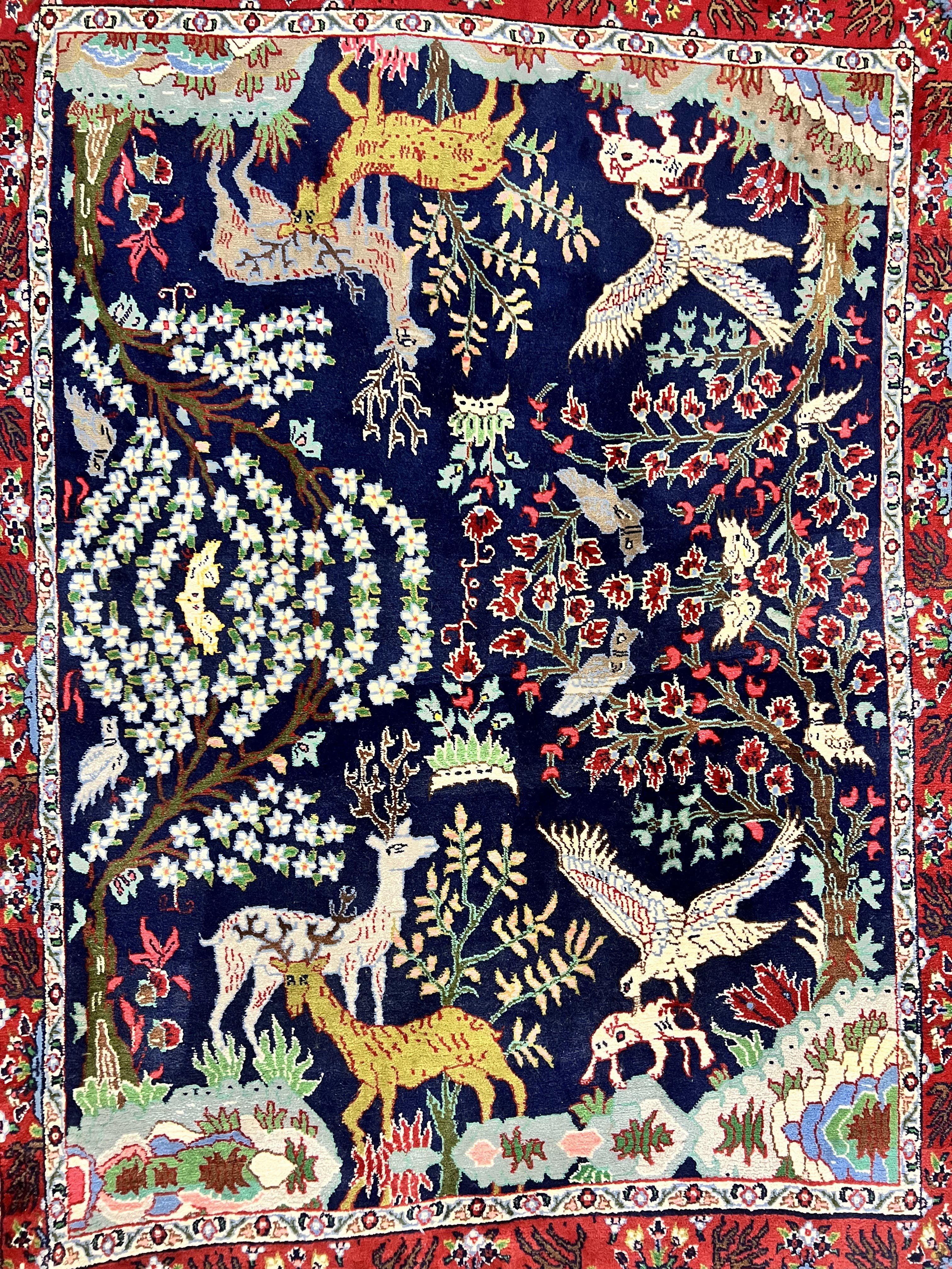 Small Persian Qum Rug 3x5, Animal Pictorials, Tree of Life, Hand Knotted Handmade Vintage Wool Oriental Carpet, Flowers Deer Birds, Dark Blue - Jewel Rugs