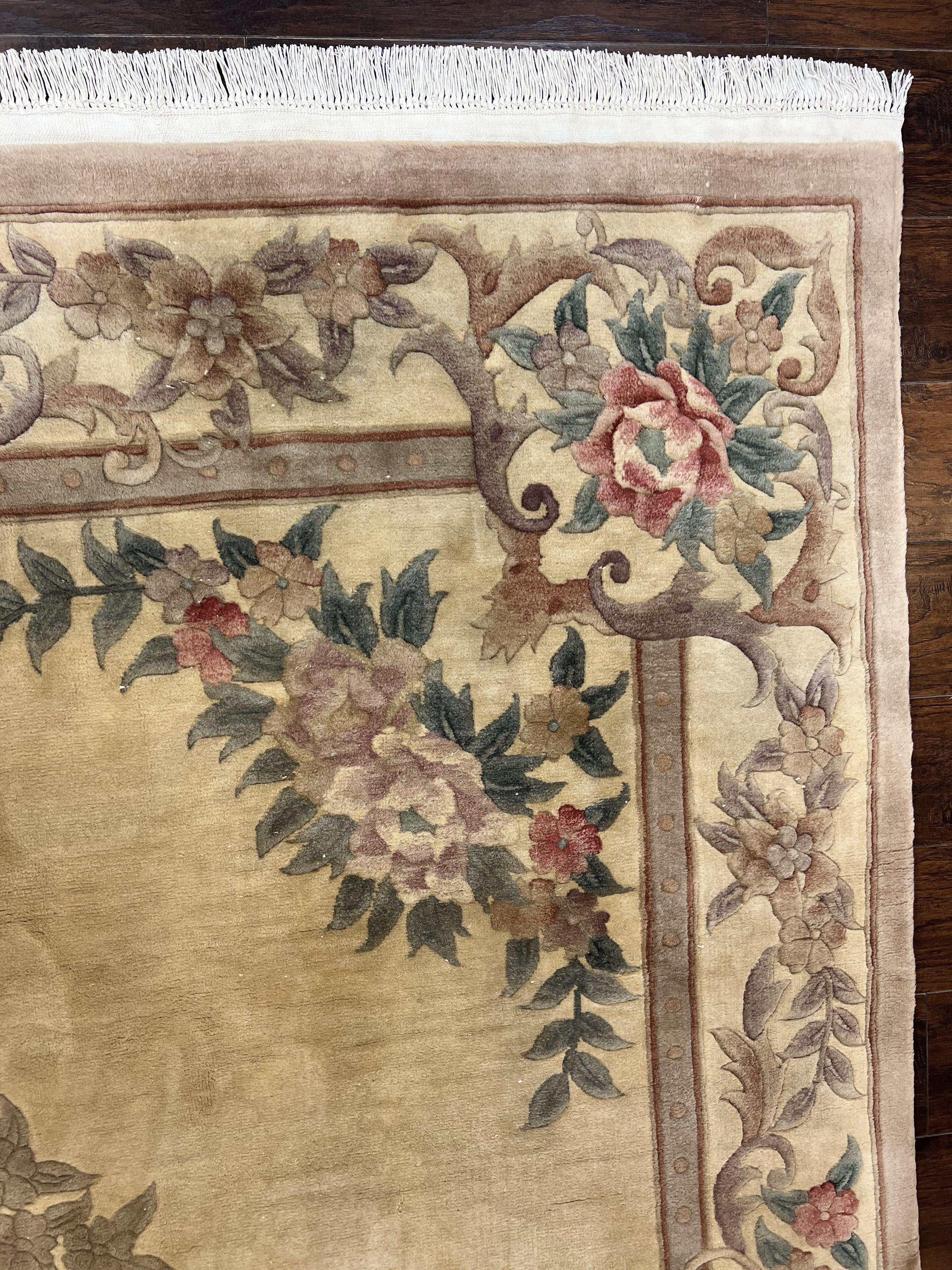 Chinese 90 Line Rug 9x12 ft, Vintage 1960s Chinese Wool Pile Aubusson Area Rug 9 x 12 ft, Tientsin Asian Oriental Rug, Floral - Jewel Rugs