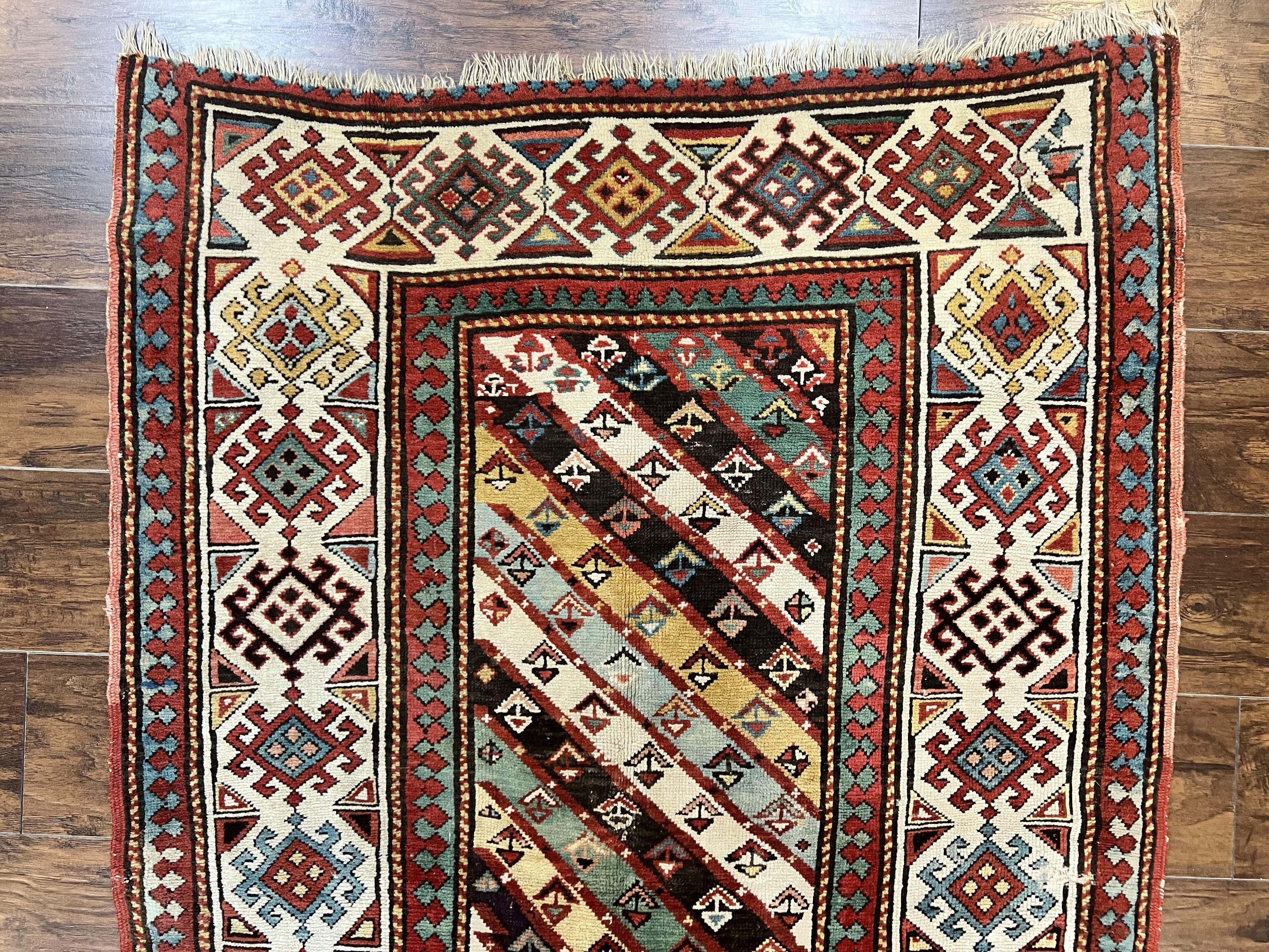 Caucasian Kazak Runner Rug 3.6 x 8, Wool Hand Knotted Antique 1880s Carpet, Ivory & Multicolor Stripes Oriental Runner Rug, Hallway Rug - Jewel Rugs