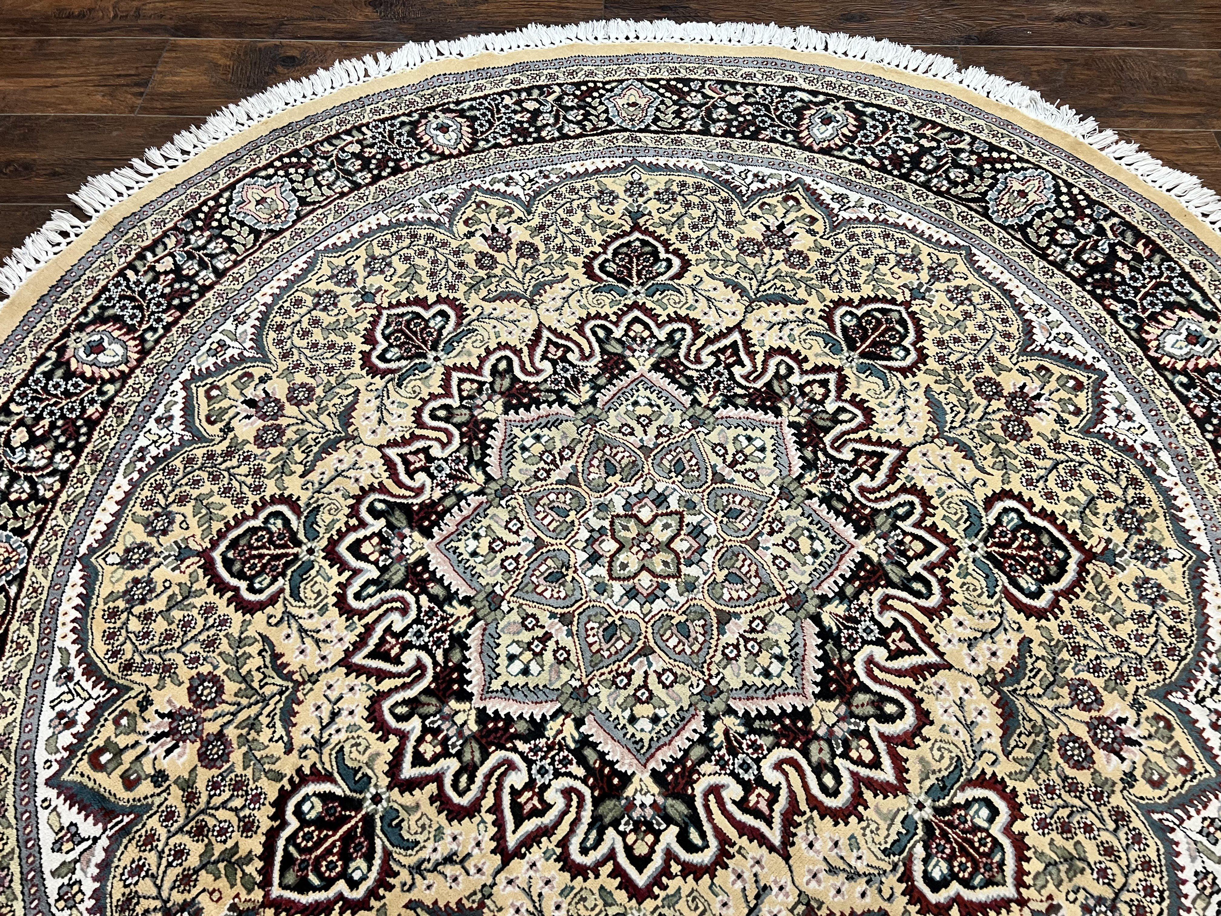Round Silk Indian Kashmiri Rug 6x6, Hand Knotted Handmade Vintage Oriental Carpet, 6ft Round Rug with Medallion, Cream - Jewel Rugs