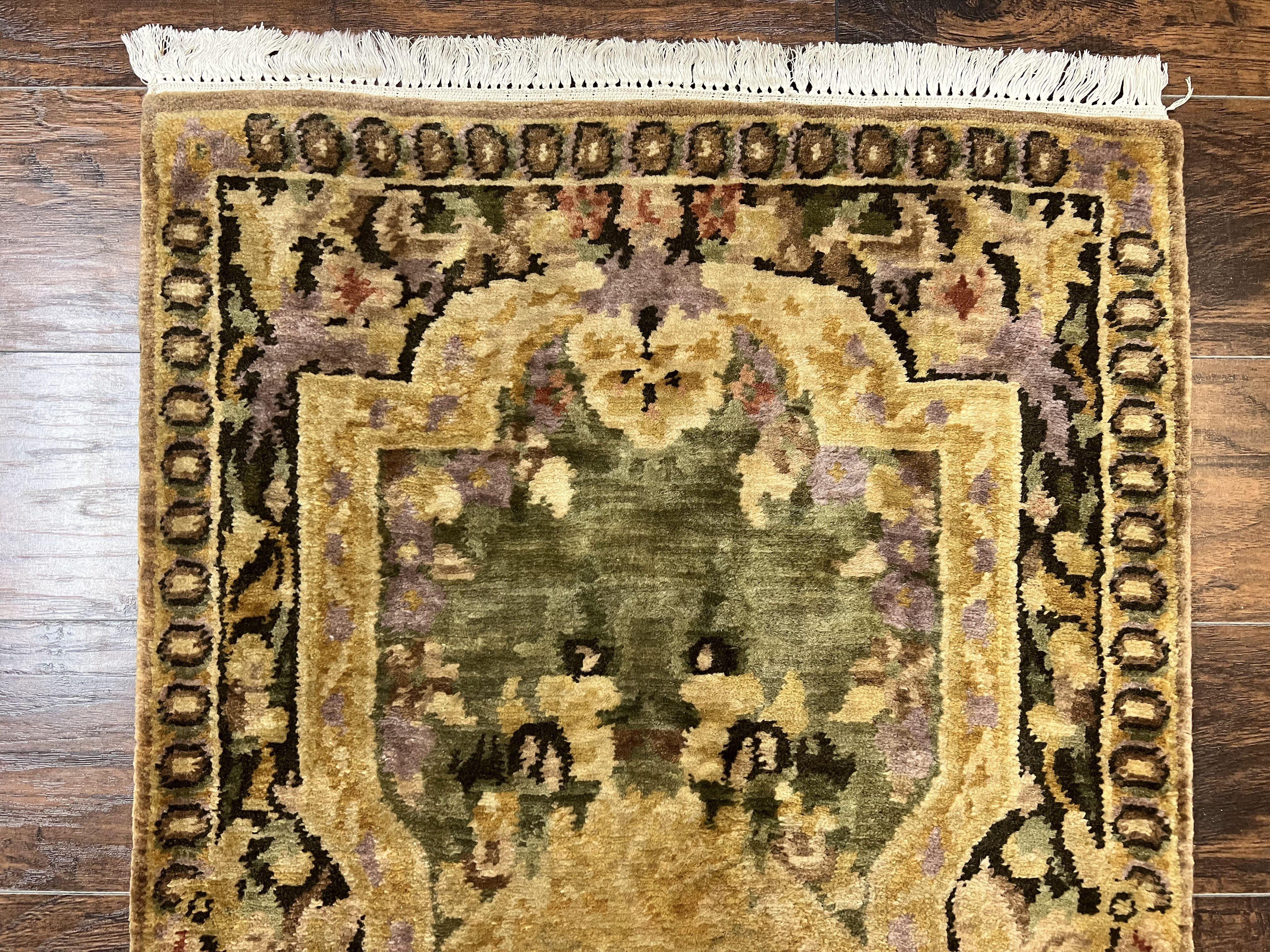 Tibetan Runner Rug 2.6 x 10, French Aubusson Pattern, Gold Olive Green, Vintage Handmade European Design, Wool Hallway Rug - Jewel Rugs