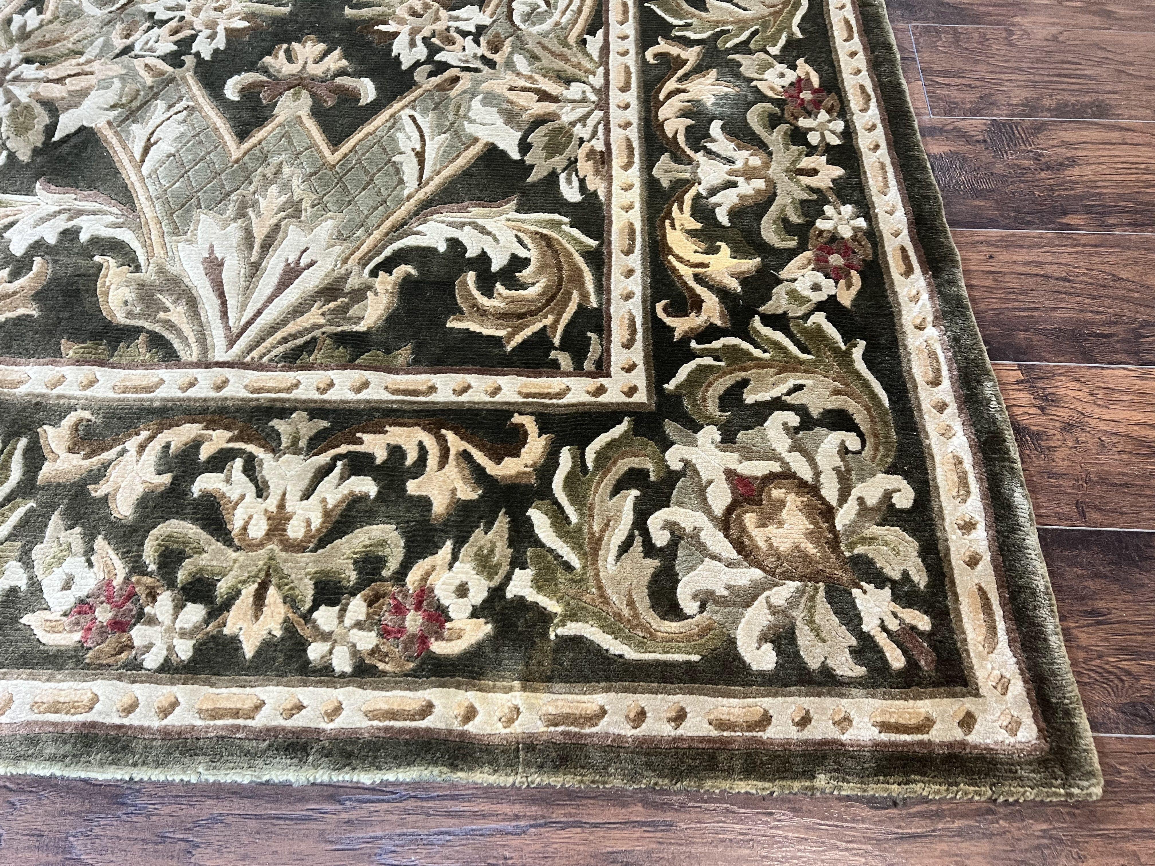 Tibetan Rug 8x10, European Design, Floral, Green, Handmade, Wool, Nepali Rug - Jewel Rugs