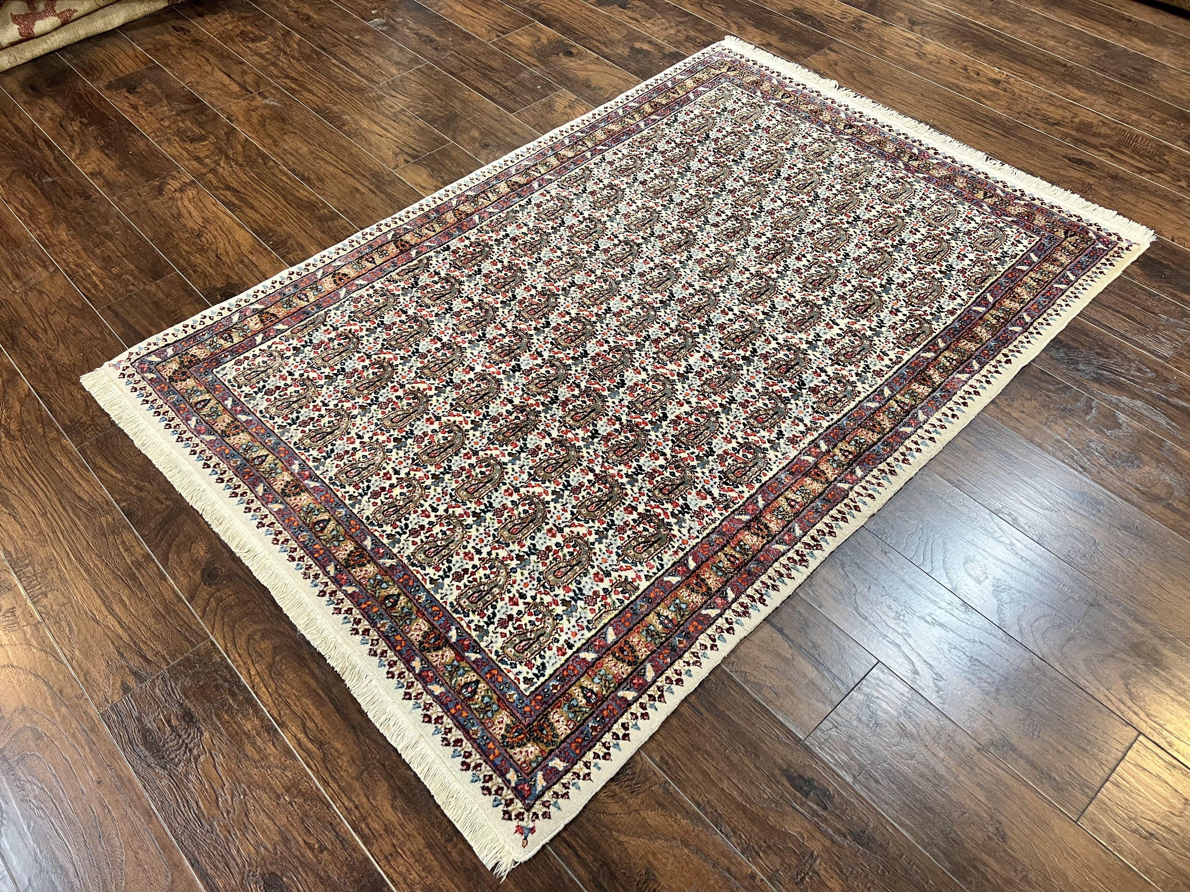 Persian Rug 4x6, Mashad Kashmar Rug, Boteh Paisley Design, Allover Repeated Pattern, Ivory Hand Knotted Vintage Semi Antique Persian Oriental Carpet - Jewel Rugs