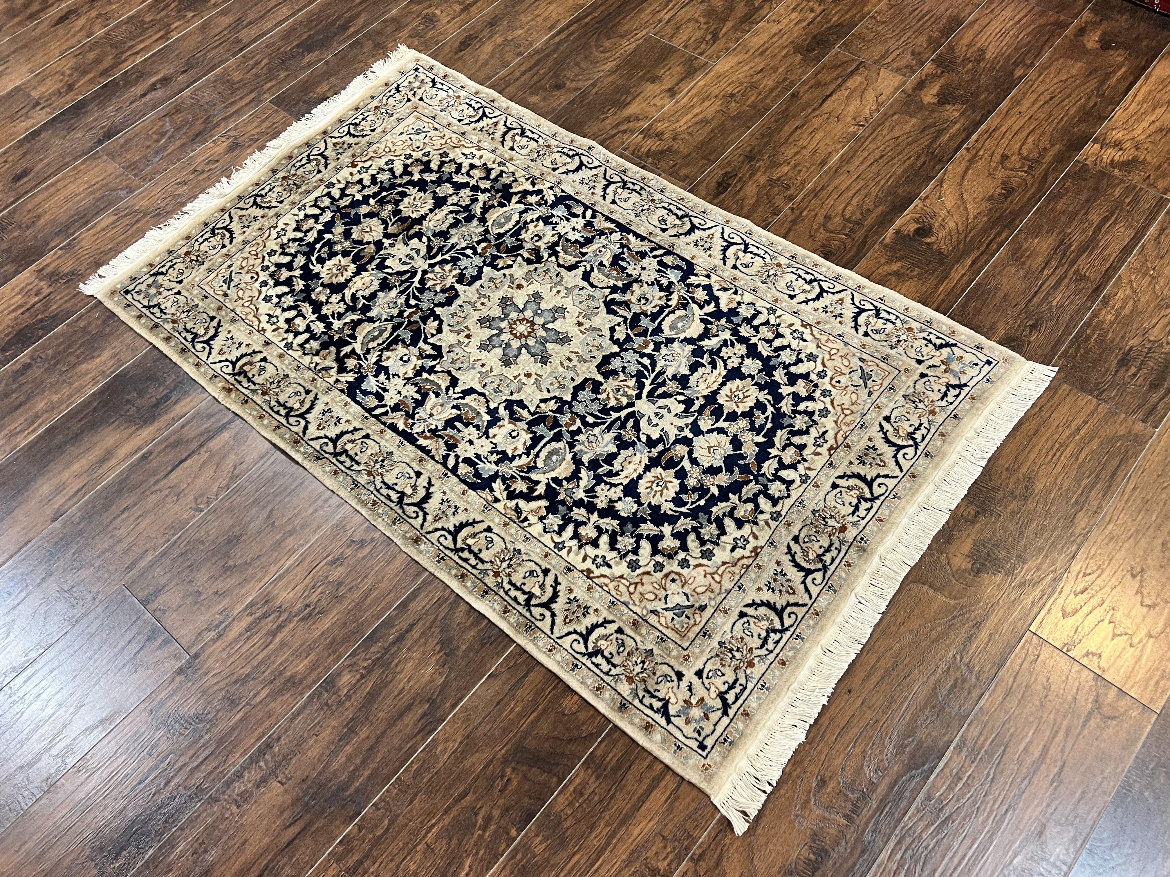 Persian Nain Rug 3x5, Floral Medallion Oriental Carpet, Very Fine Hand Knotted Handmade Wool and Silk Highlights Rug, Vintage Semi Antique - Jewel Rugs