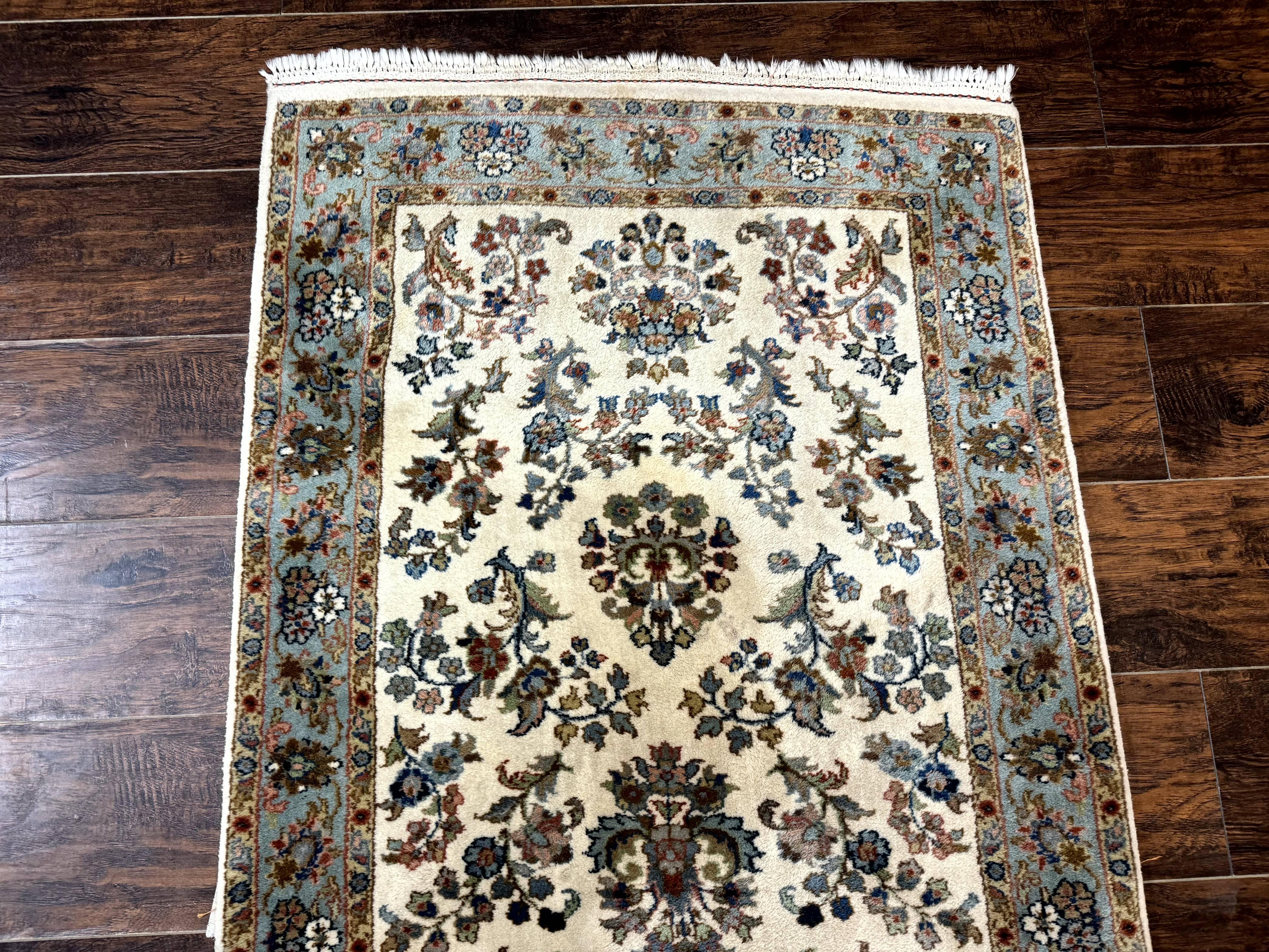 Indo Persian Sarouk Runner Rug 3x12, Cream and Light Blue, Oriental Runner for Hallway or Kitchen 3 x 12 - Jewel Rugs
