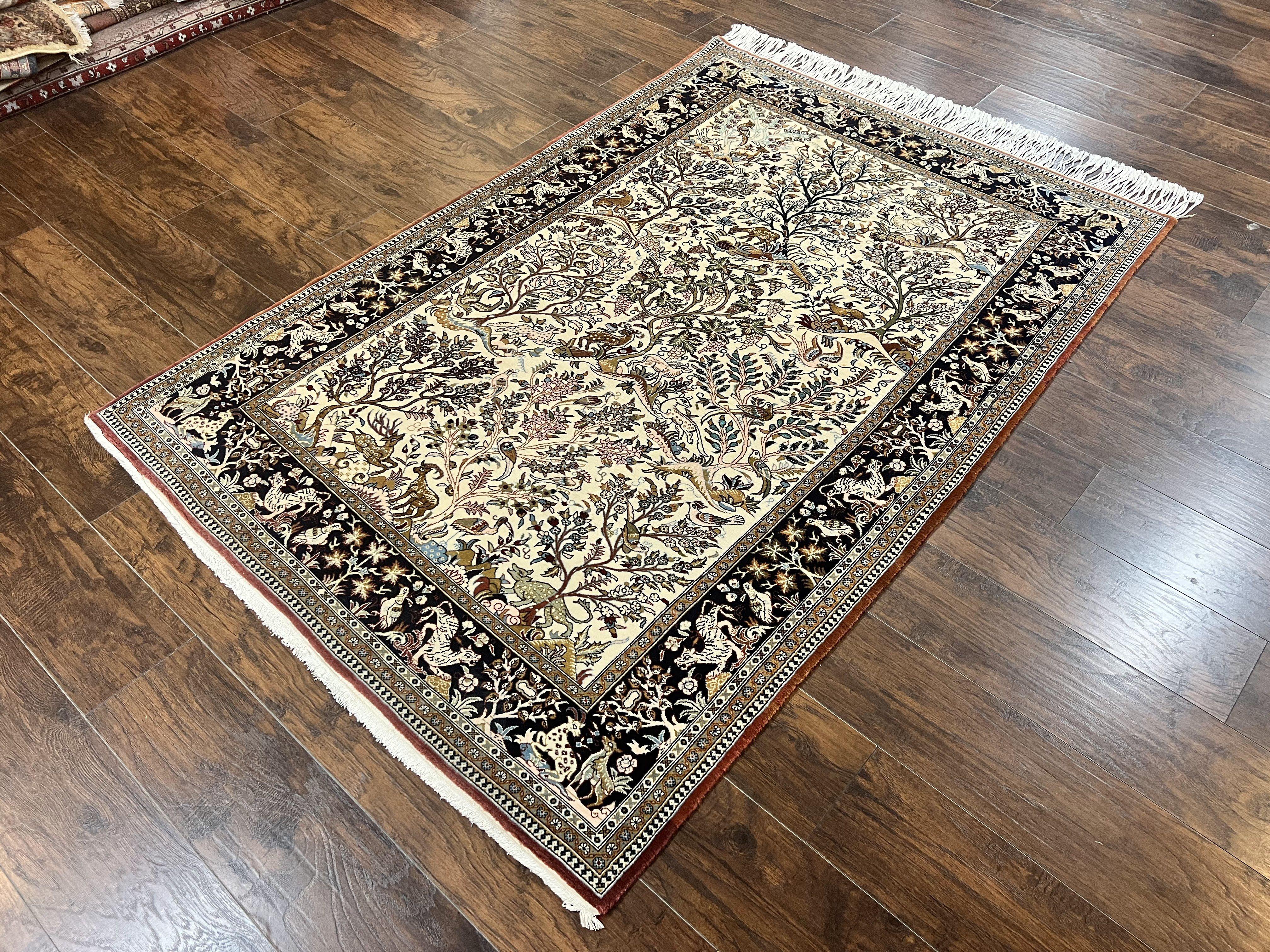 Persian Qum Tree of Life Rug 5x7, Wool and Silk Highlights, Animal Motifs, Vintage Hand Knotted Handmade Cream & Black Fine Oriental Carpet - Jewel Rugs