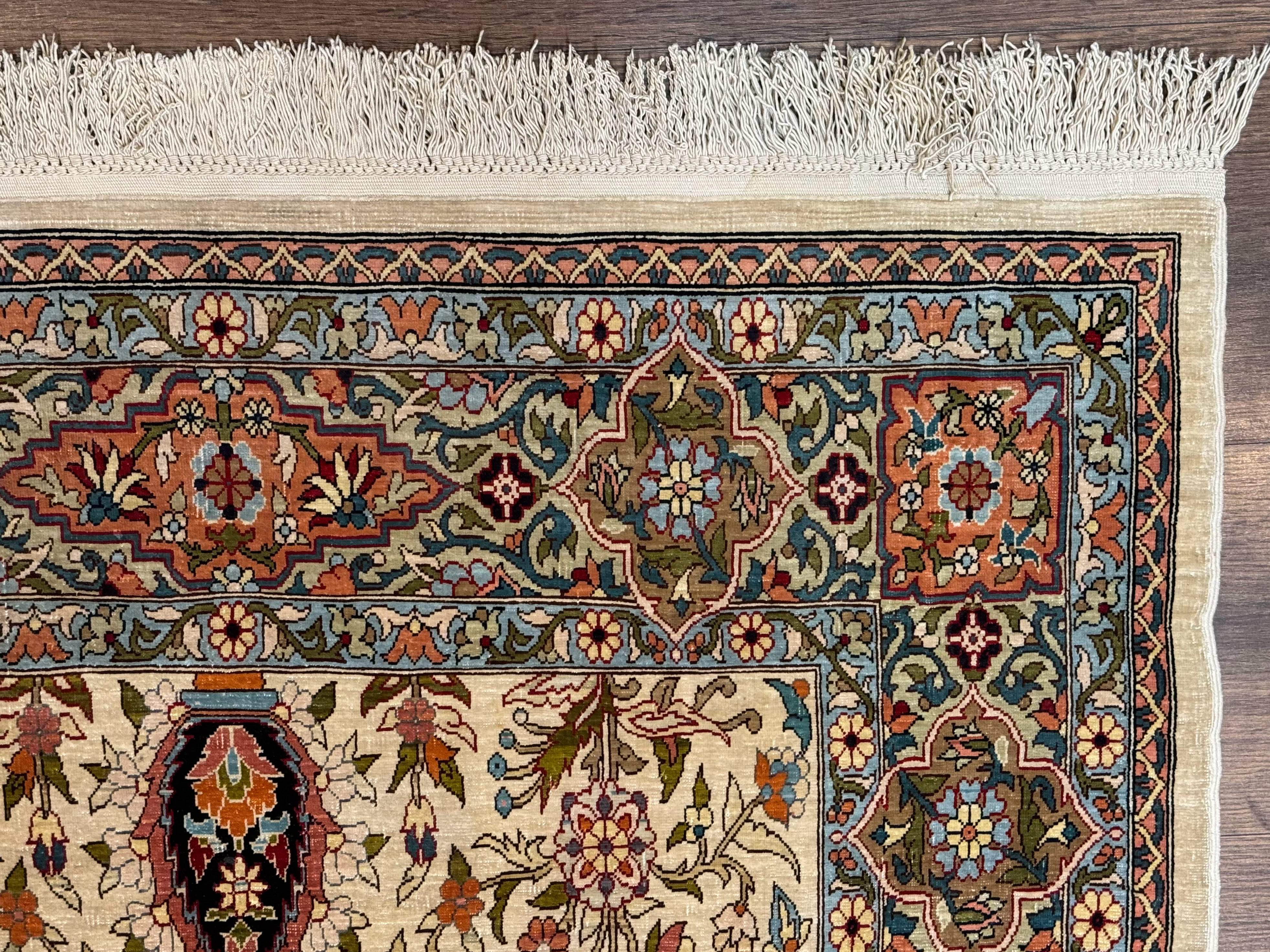 Rare Turkish Hereke Silk Rug 3x5, Tree of Life Persian Vase Design, Very Fine 440 KPSI, Signed - Jewel Rugs