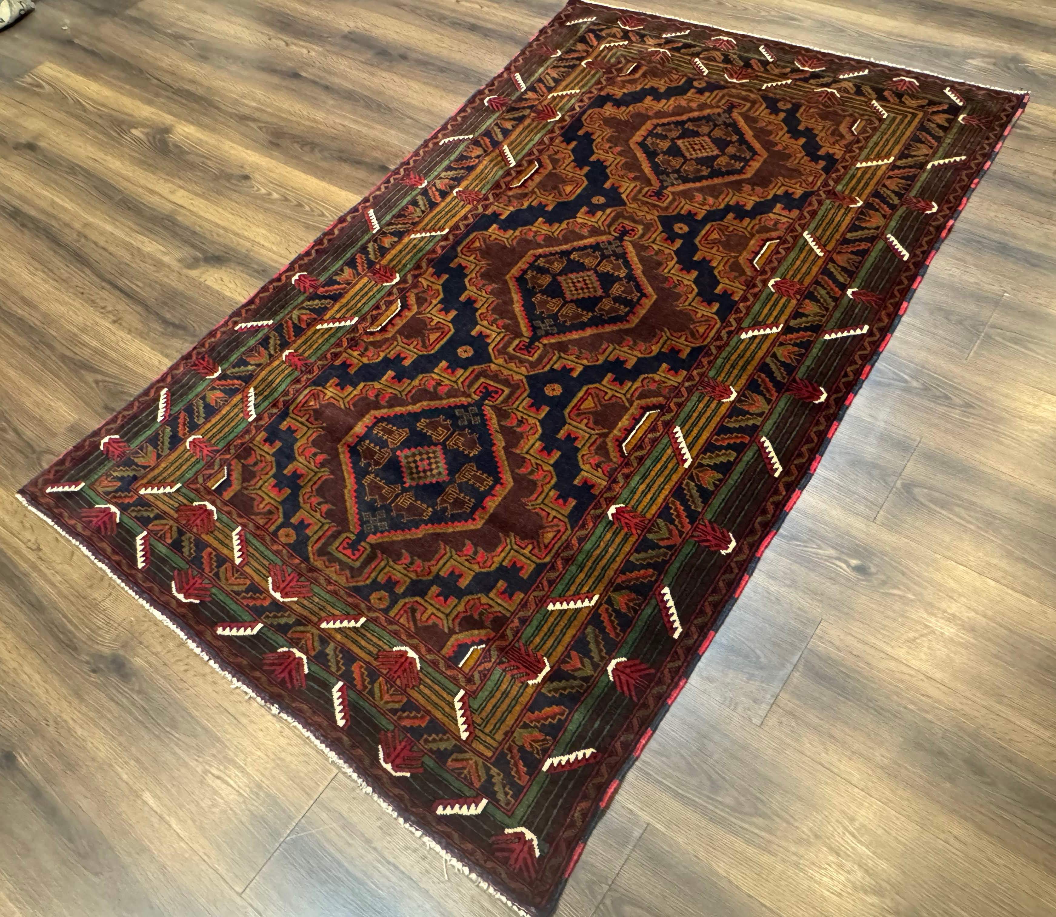 Persian Baluch Rug 4x6 – Navy and Plum, Hand-Knotted Wool Tribal Carpet - Jewel Rugs