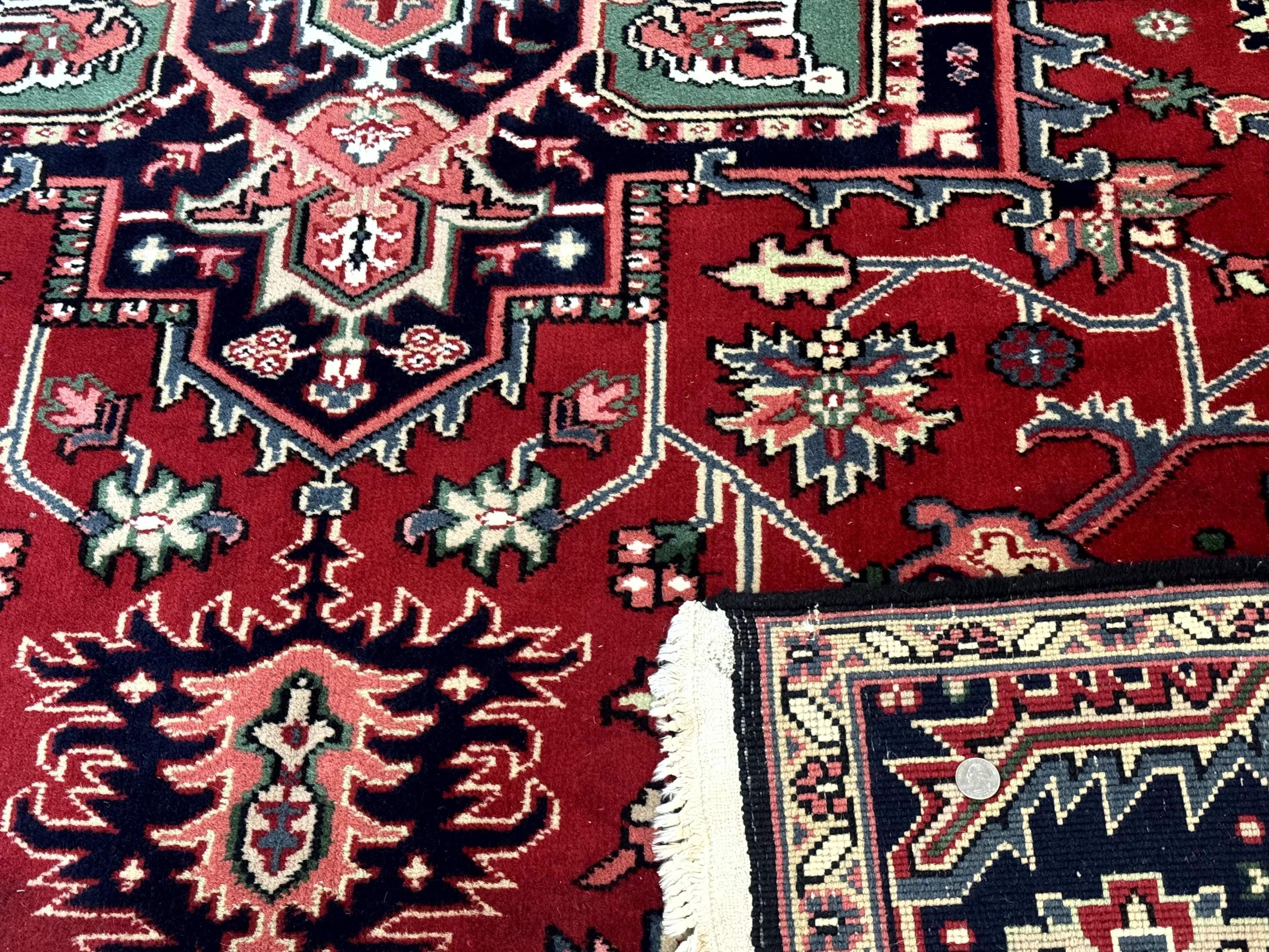 Indo Persian Heriz Rug 8x10, Geometric Medallion, Brick Red Ivory Navy Blue, Room Sized Heriz Carpet, Wool Rug - Jewel Rugs