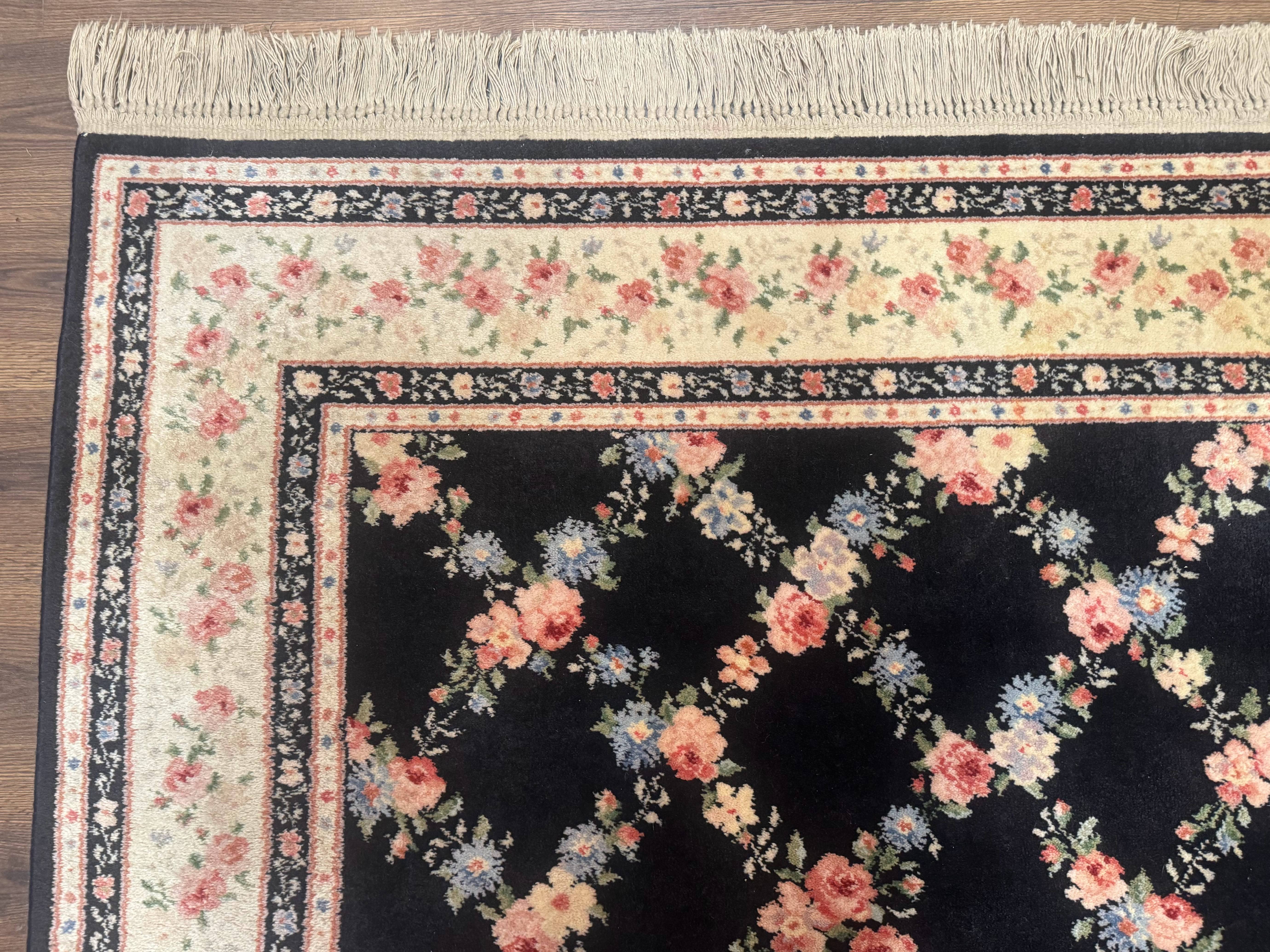 8.8 x 12 Karastan Garden of Eden Rug, Ebony Trellis #509/1270, Black, Floral, Wool Pile, Vintage, Discontinued - Jewel Rugs