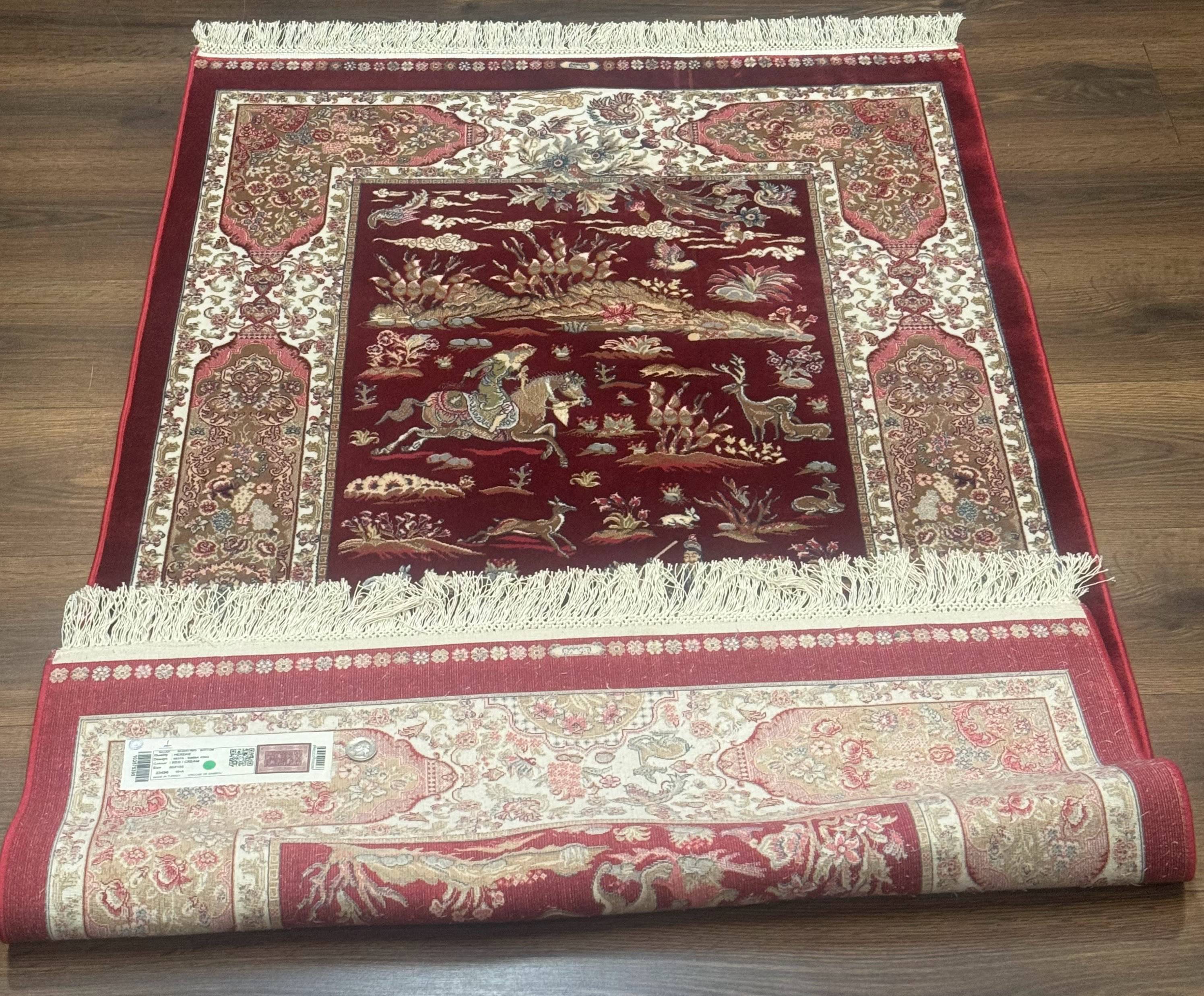 Turkish Silk Rug 3x5, Hunting Design, Dark Red & Ivory, Bamboo Silk, New - Jewel Rugs