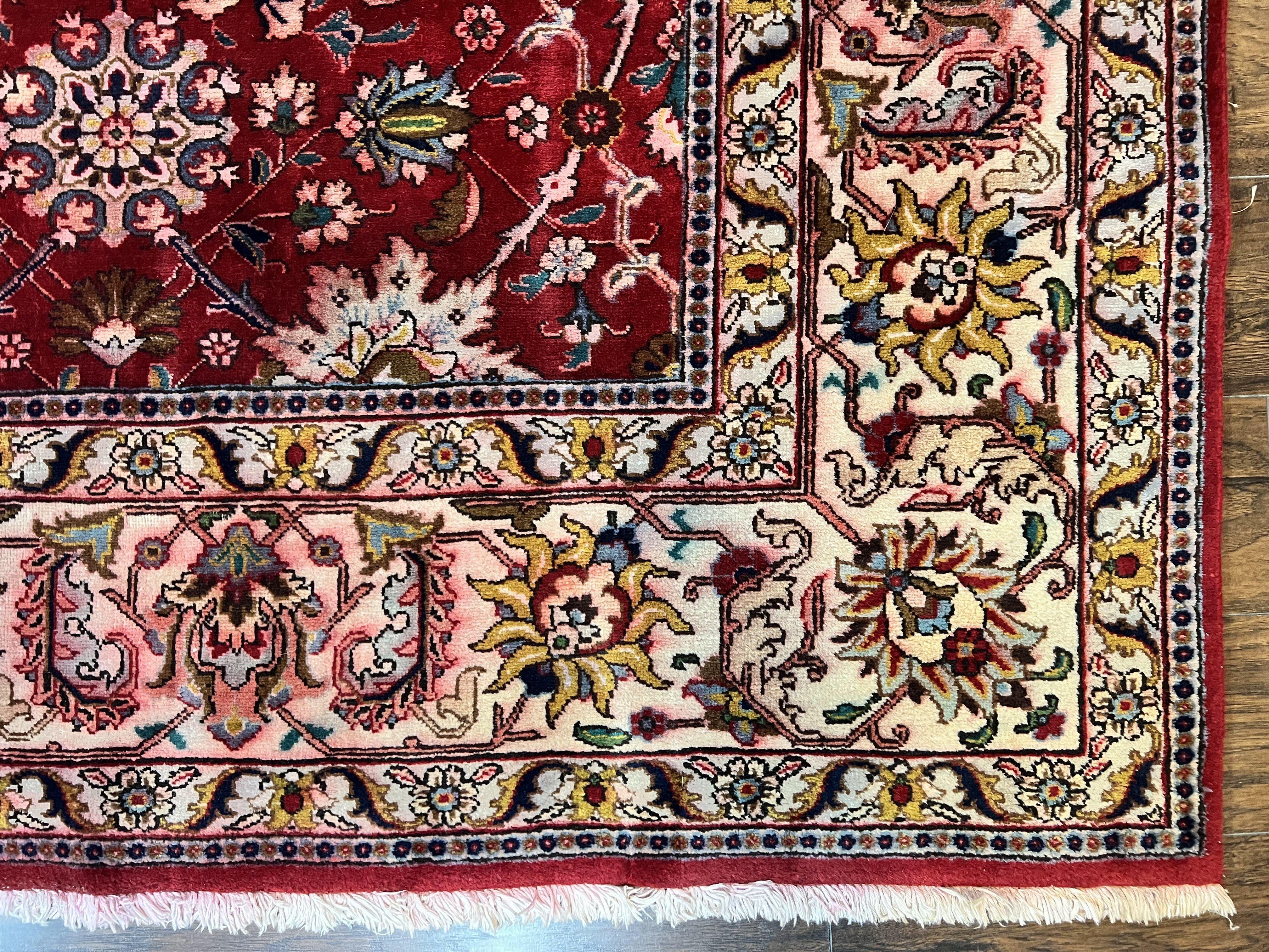 Persian Tabriz Rug 10x12, Floral Allover, Handmade Vintage Wool Carpet, Red and Cream - Jewel Rugs