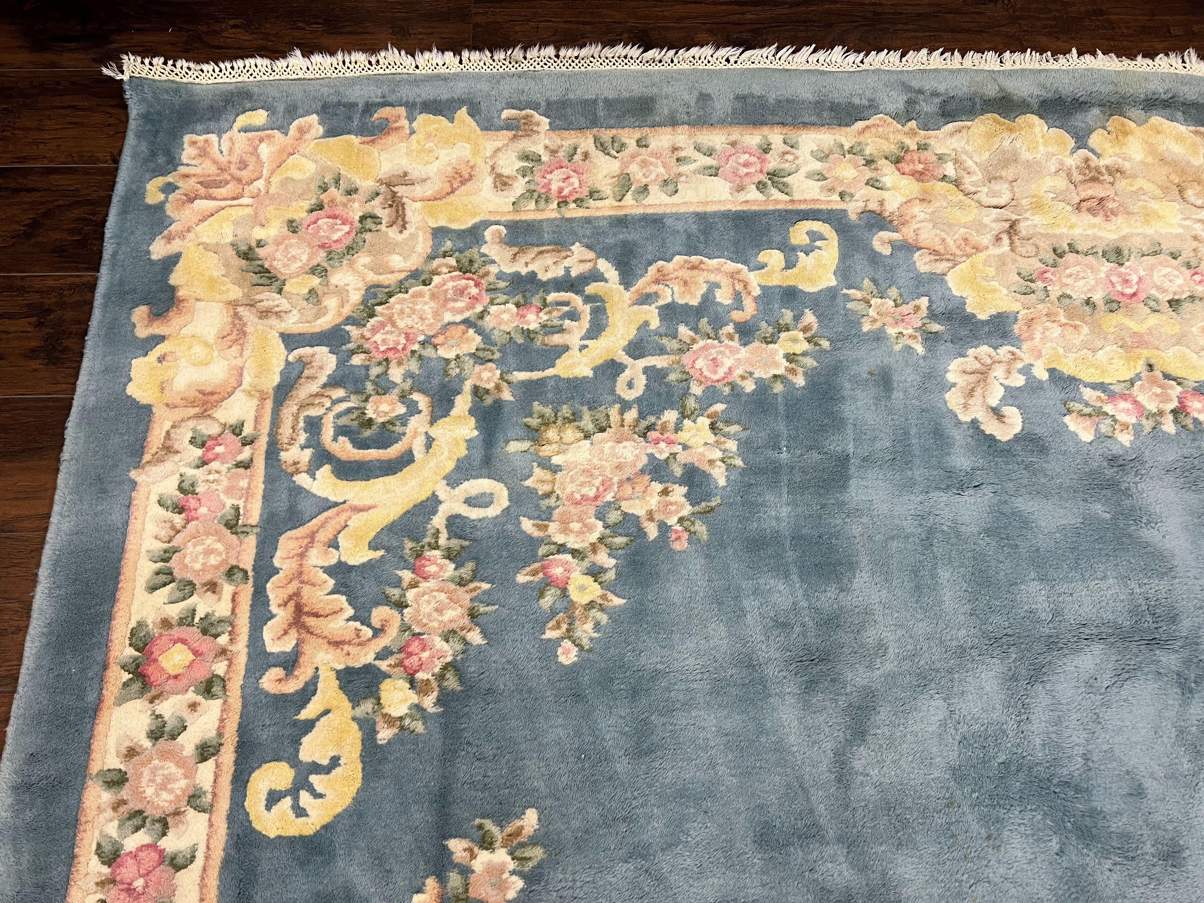 Indo Chinese Rug 9x14, Wool Hand Knotted Vintage Carpet, Light Blue Cream Beige, Aubusson European Design Rug 9 x 14 - Jewel Rugs