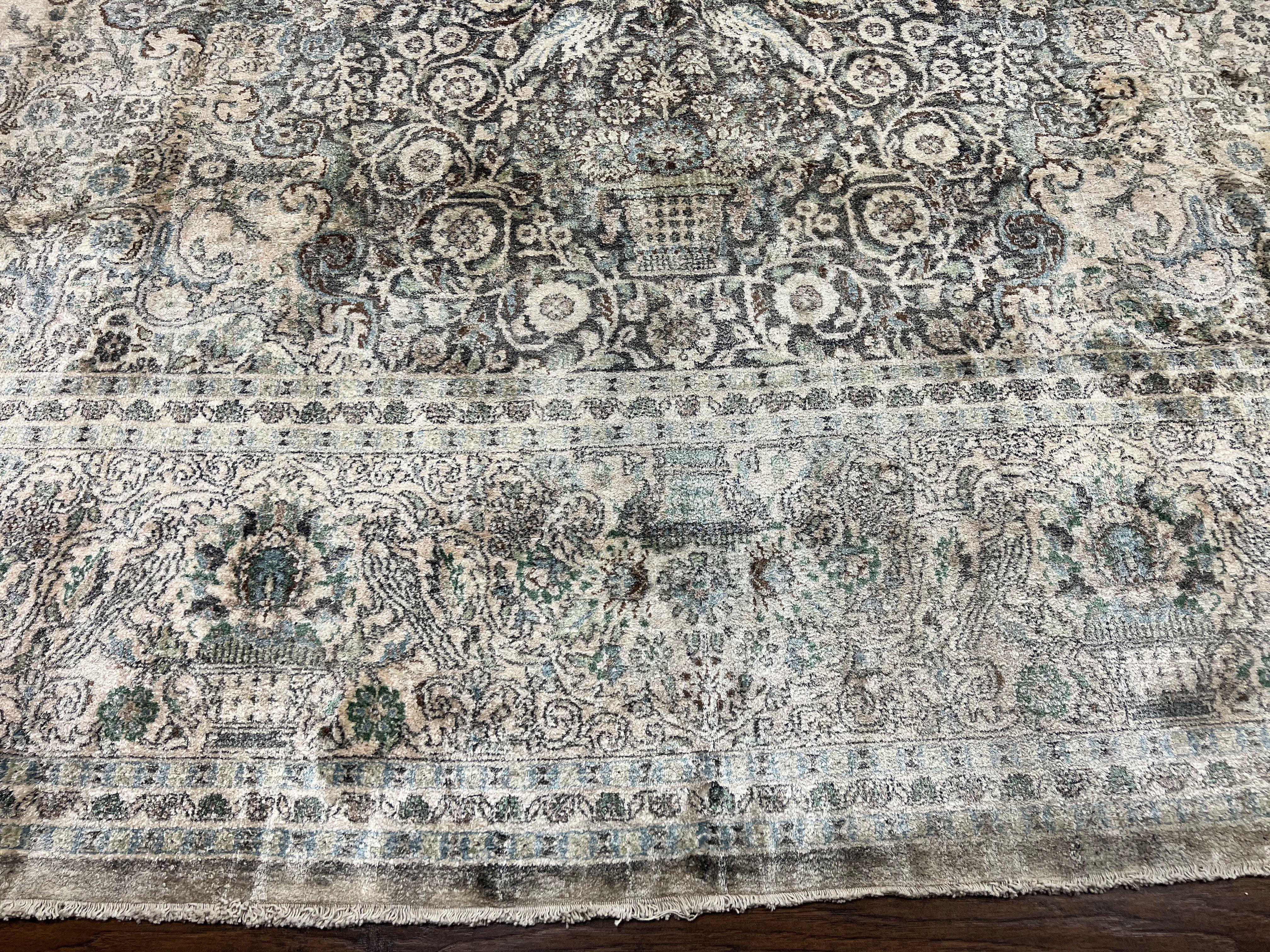 Silk Pak Persian Rug 10x14, Large Fine Silk Carpet 300 KPSI, Dark Gray, Handmade Vintage Rug, Floral, Bird Motifs - Jewel Rugs