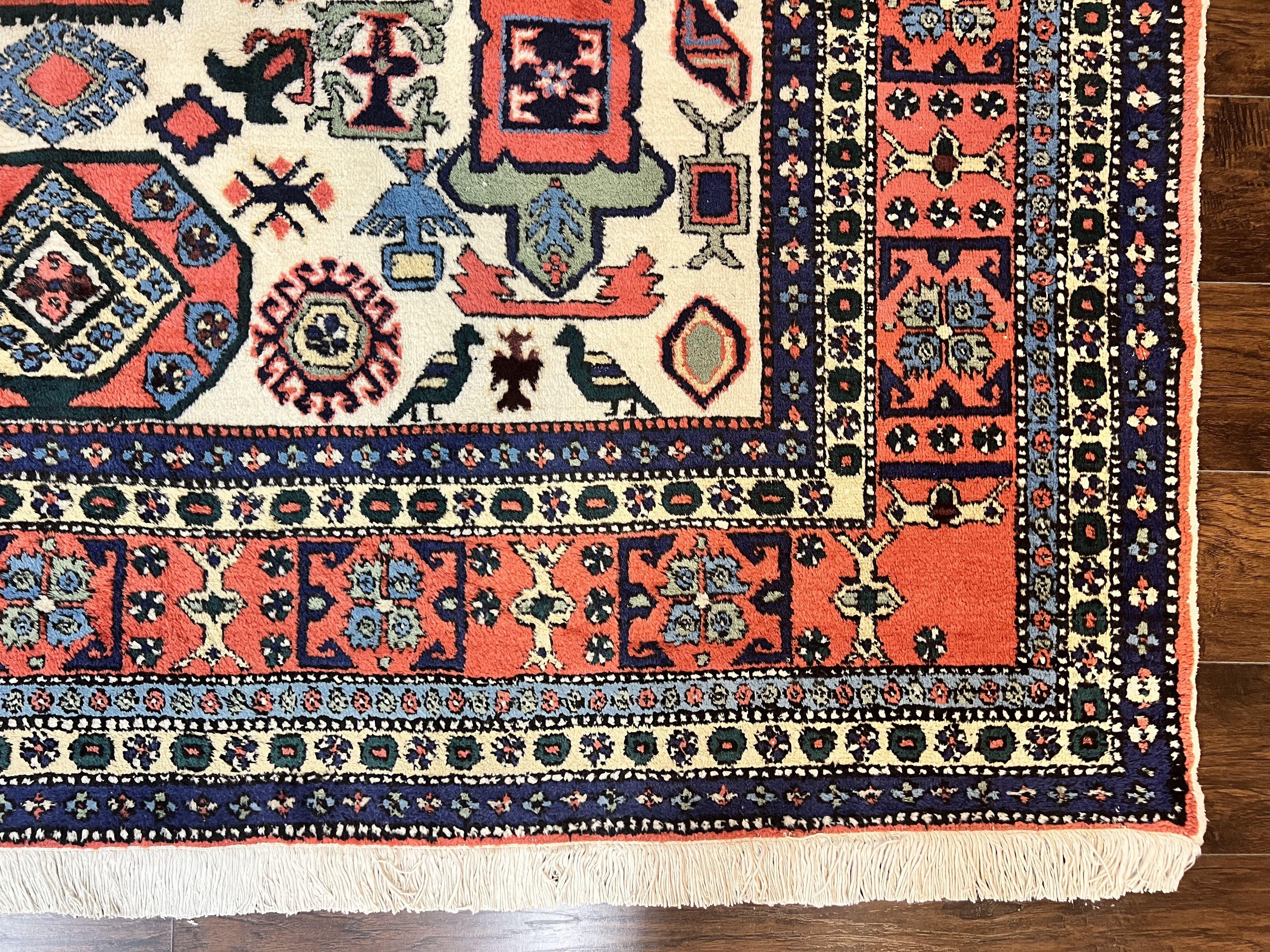 Persian Tribal Rug 8x11, Persian Ardabil Rug, Geometric Medallion Animal Pictorial Rug, Ivory Red Blue, Hand Knotted Vintage Wool Carpet - Jewel Rugs