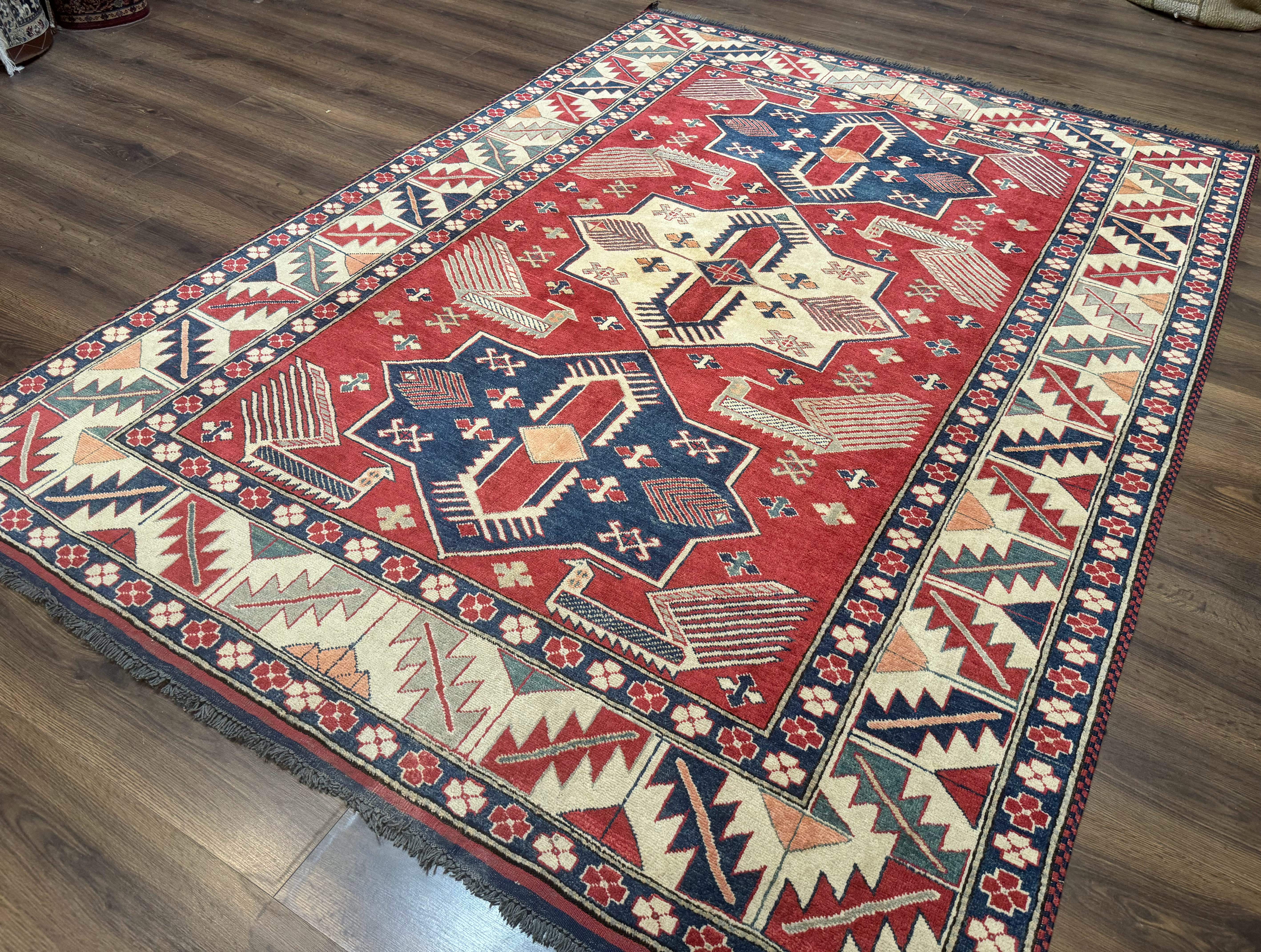 Turkish Kazak Rug 6x8, Caucasian Design, Geometric Medallions, Red Blue Beige - Jewel Rugs