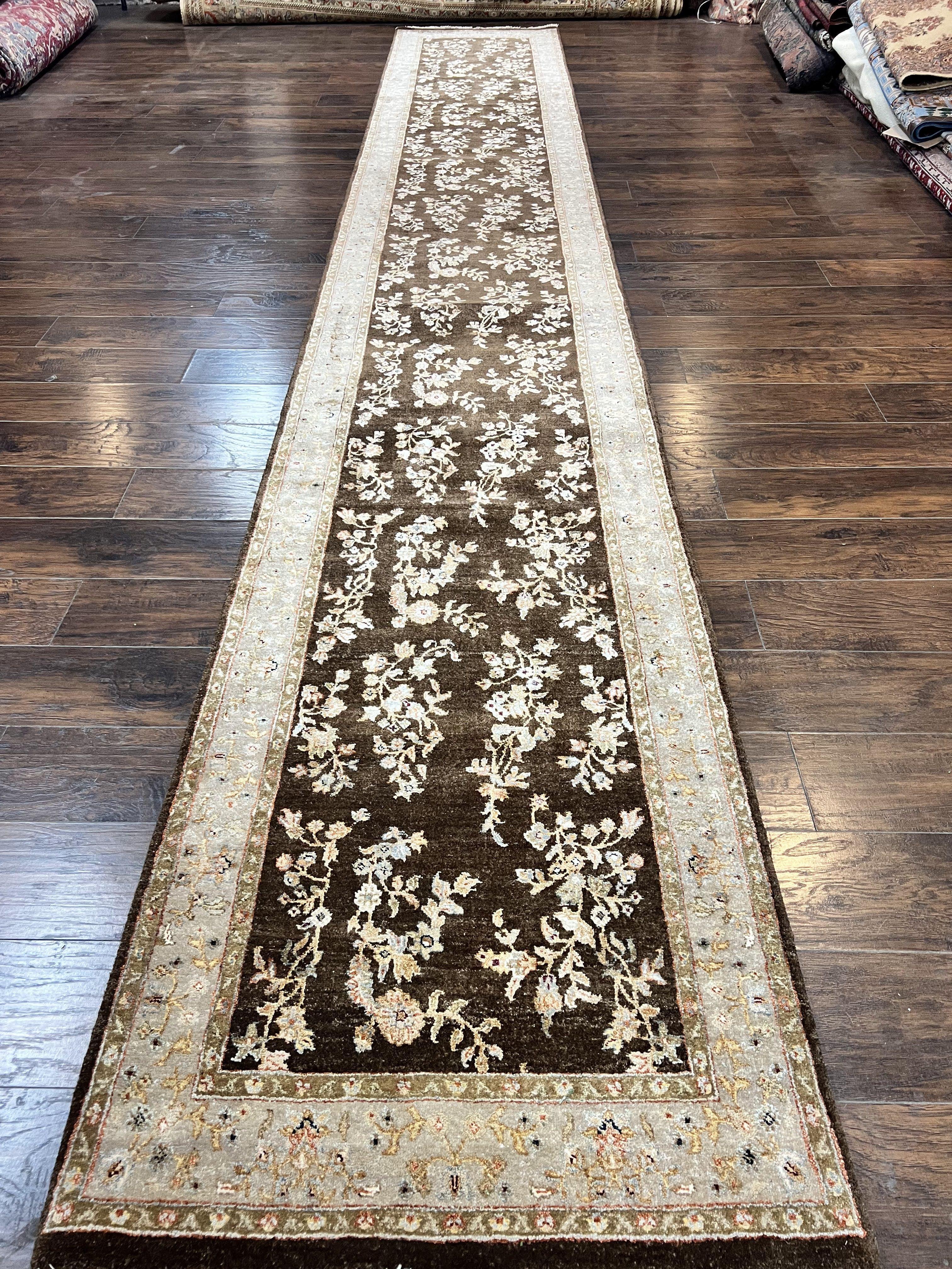 Peshawar Runner Rug 3 x 20, Wool Hand Knotted Vintage Pakistani Carpet, Brown & Taupe, Chobi Mahal Floral Rug, Extra Long Hallway Runner - Jewel Rugs