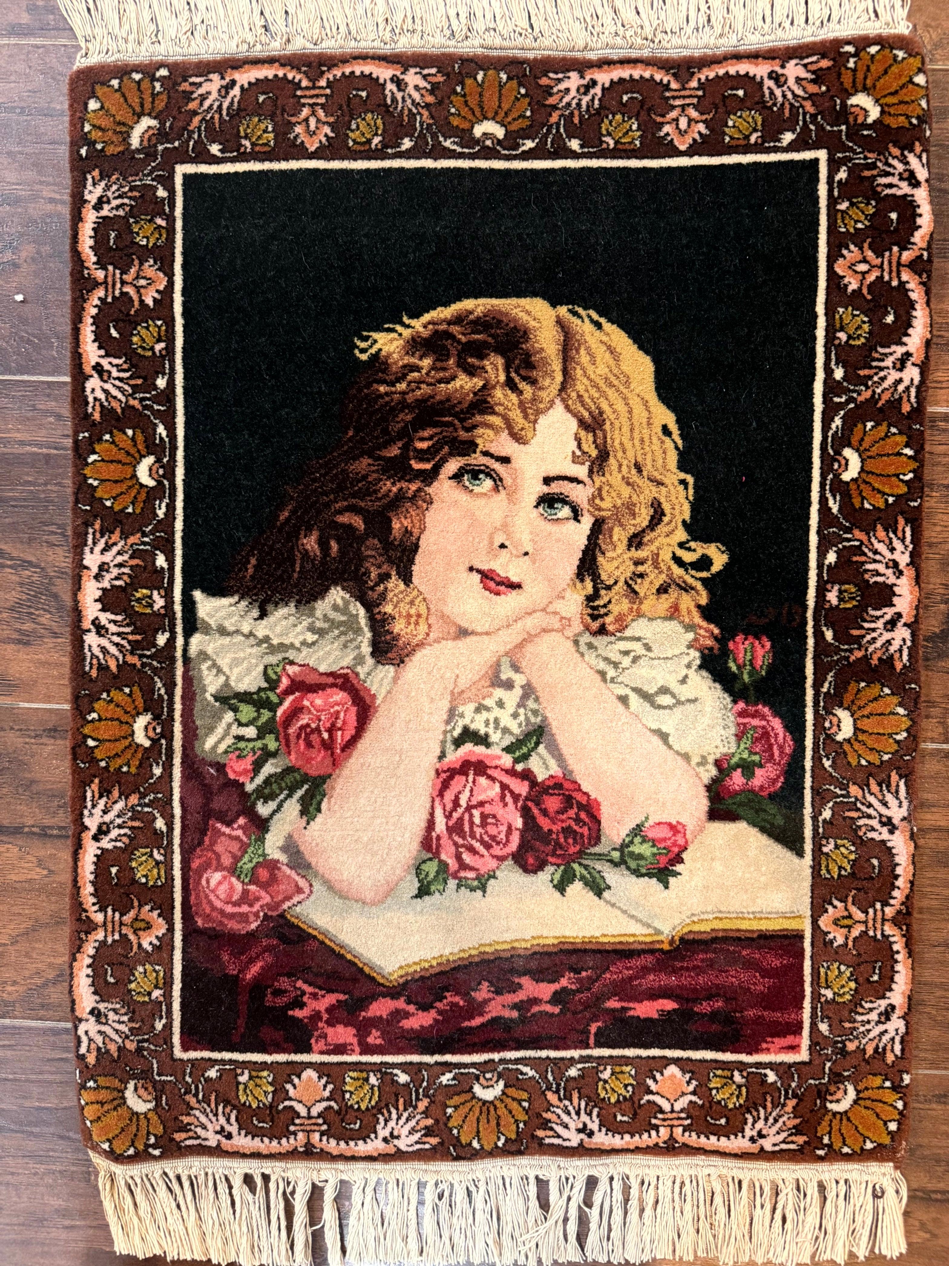 Small Persian Tabriz Pictorial Rug of Young Girl, Very Fine 380 KPSI, Portrait of Young Lady with Roses, Handmade, Persian Rug for Wall Hanging - Jewel Rugs