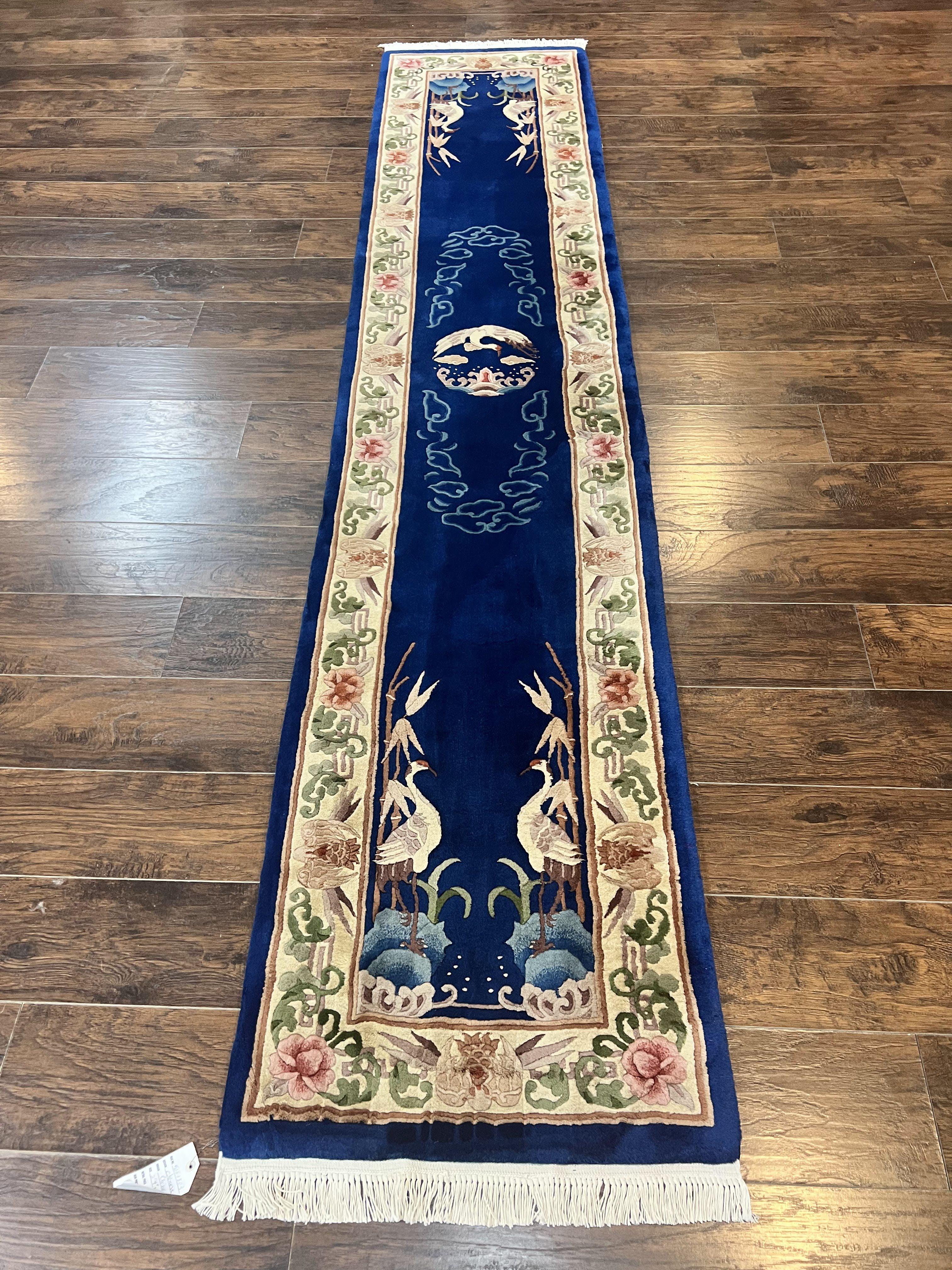 Chinese Wool Runner Rug 2x11, Blue and Beige, Swans, Handmade Vintage Asian Oriental Chinese Carving Rug, Art Deco 2 x 11 ft - Jewel Rugs