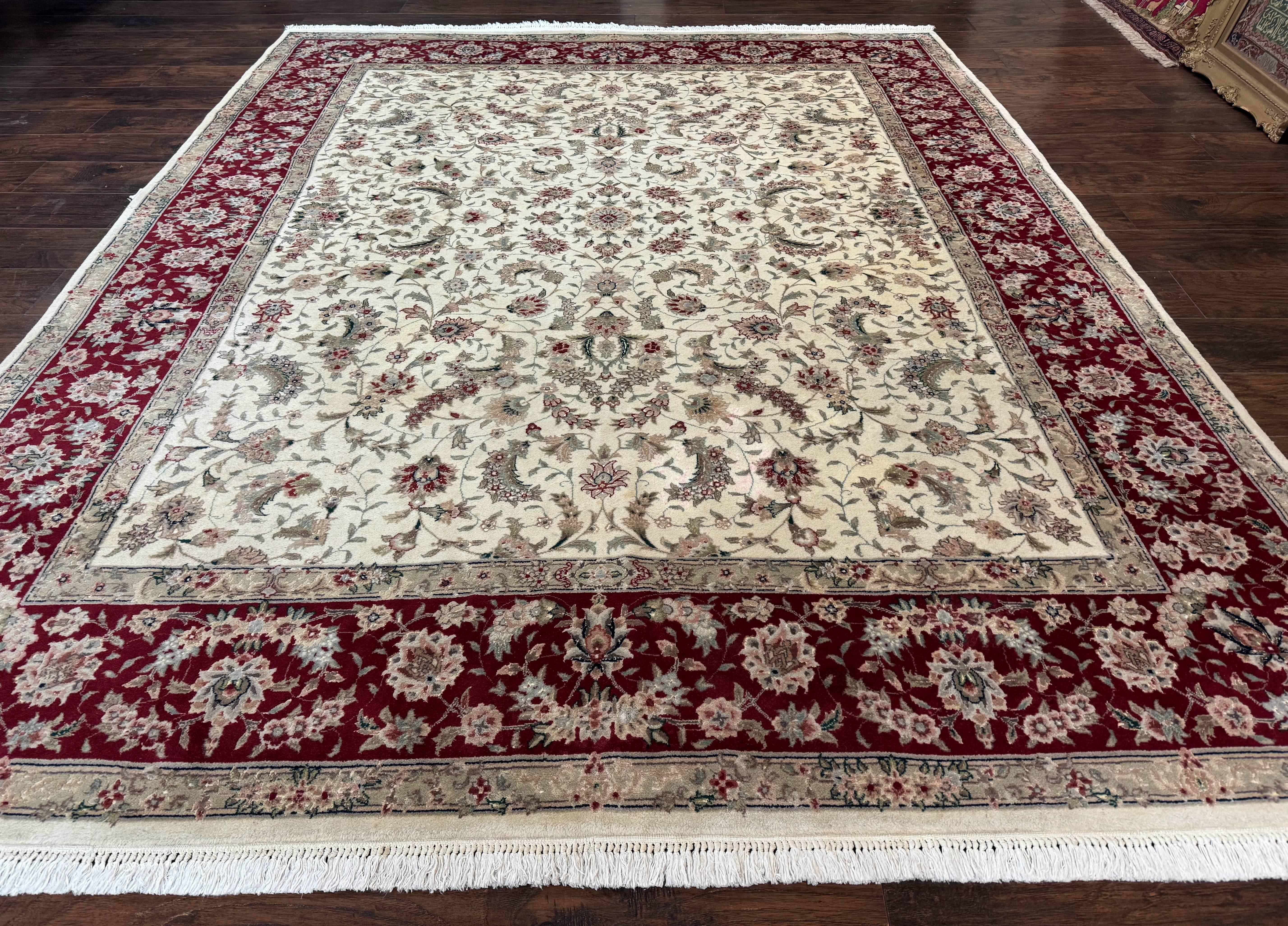 Sino Persian Rug 8x10, Beige and Burgundy, Floral Allover, Wool & Silk, Vintage - Jewel Rugs