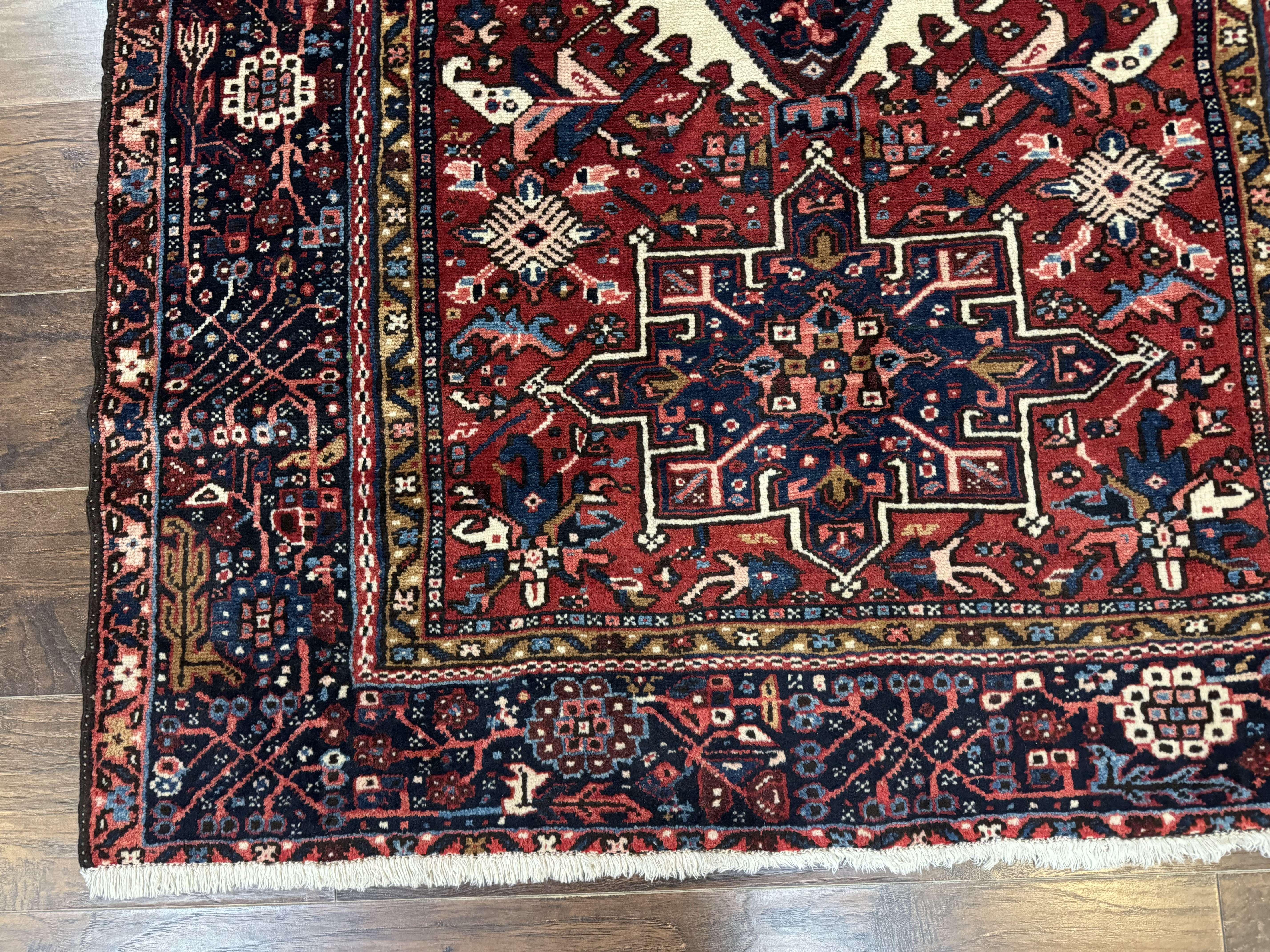 Persian Karajeh Rug 5x6, Antique Heriz Carpet, Geometric, Persian Tribal Rug, Brick Red Navy Blue - Jewel Rugs