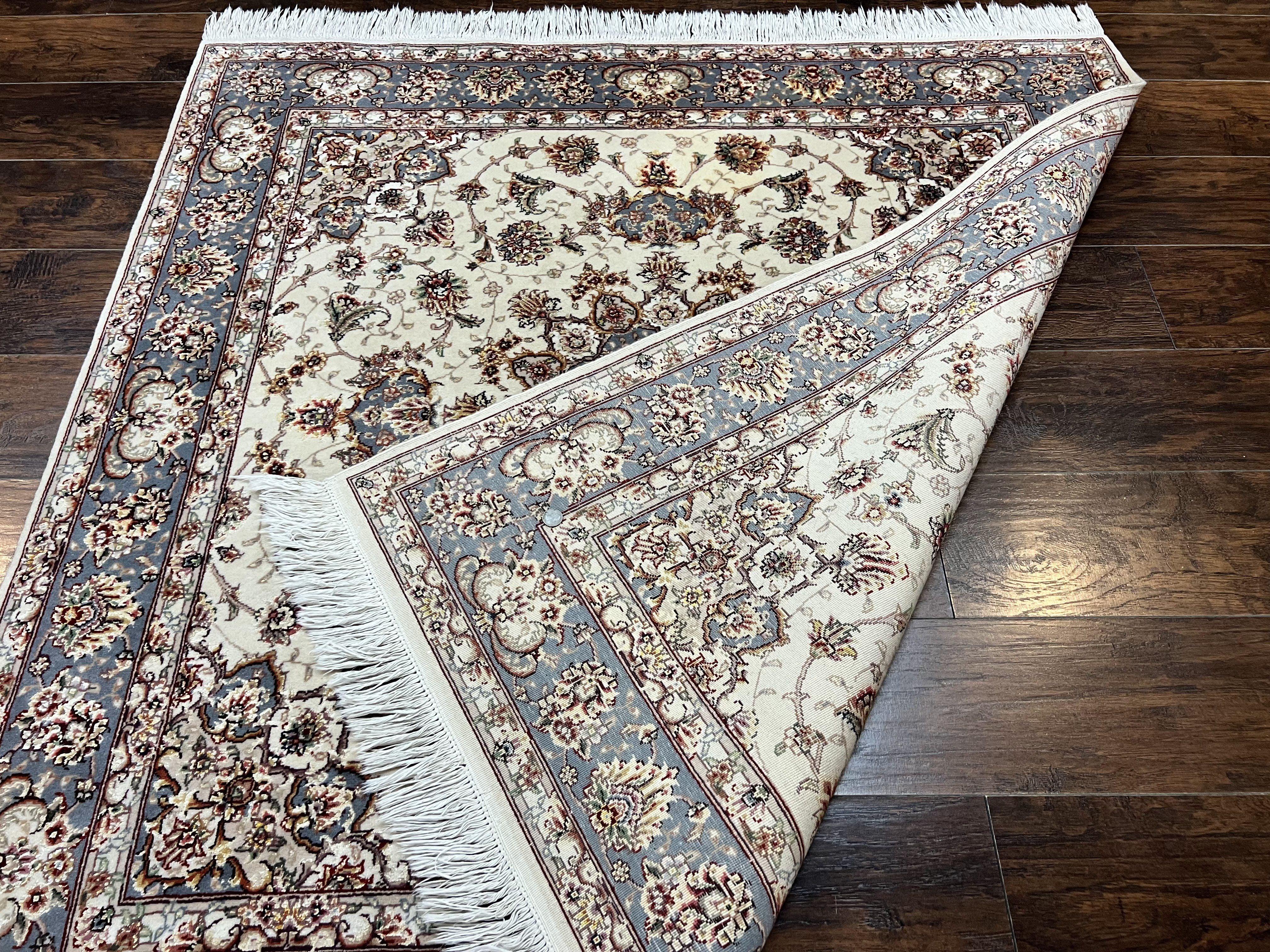 Sino Persian Square Rug 5x5, Very Fine Oriental Carpet, Wool & Silk Highlights, Ivory, Hand Knotted Handmade Vintage Traditional Rug - Jewel Rugs