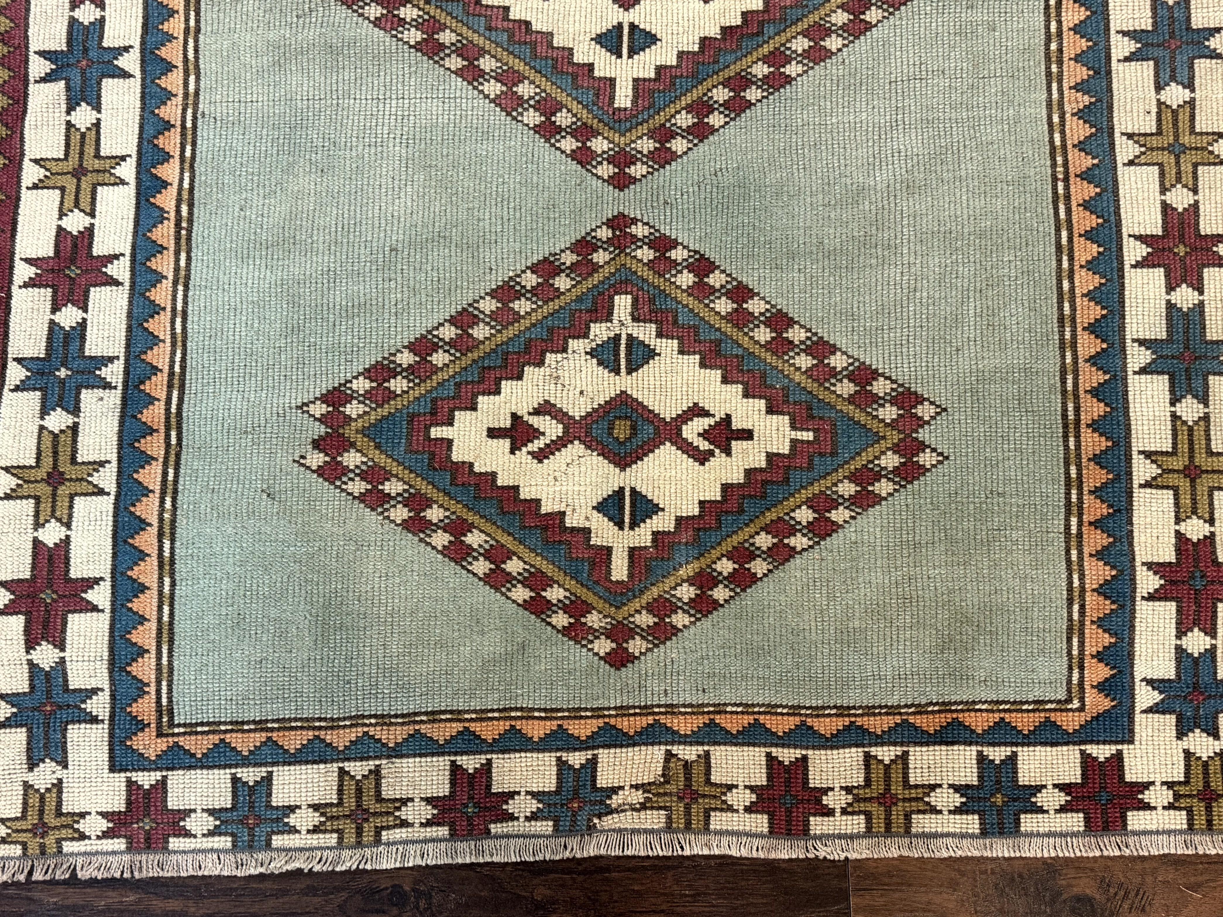 Turkish Kazak Rug 4x6, Geometric Medallion, Caucasian Design Rug, Semi Antique Vintage, Mint Green Maroon Ivory - Jewel Rugs
