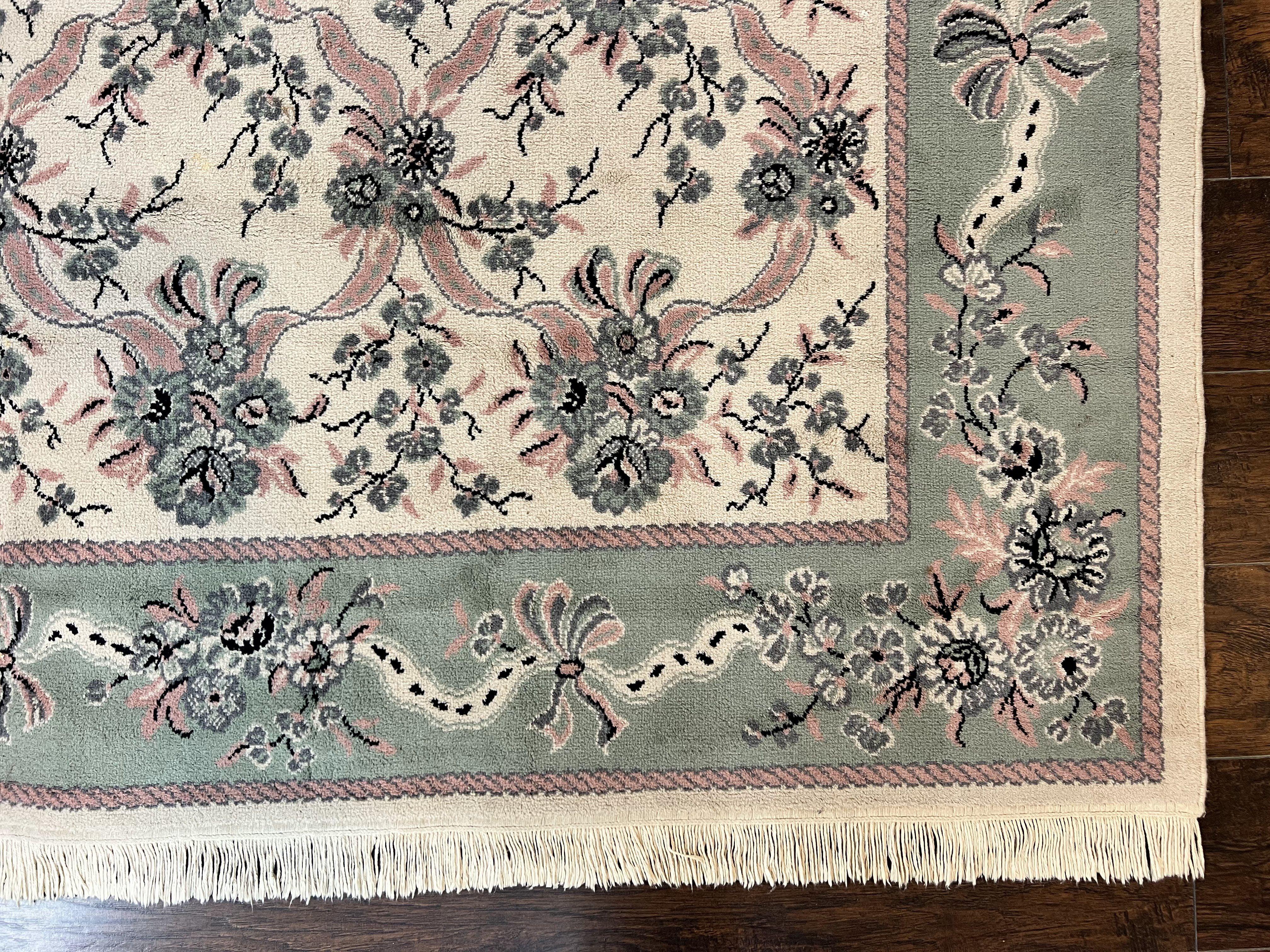 Belgium Power Loomed Rug 8x11, Ivory and Green, Wool Carpet, Floral - Jewel Rugs