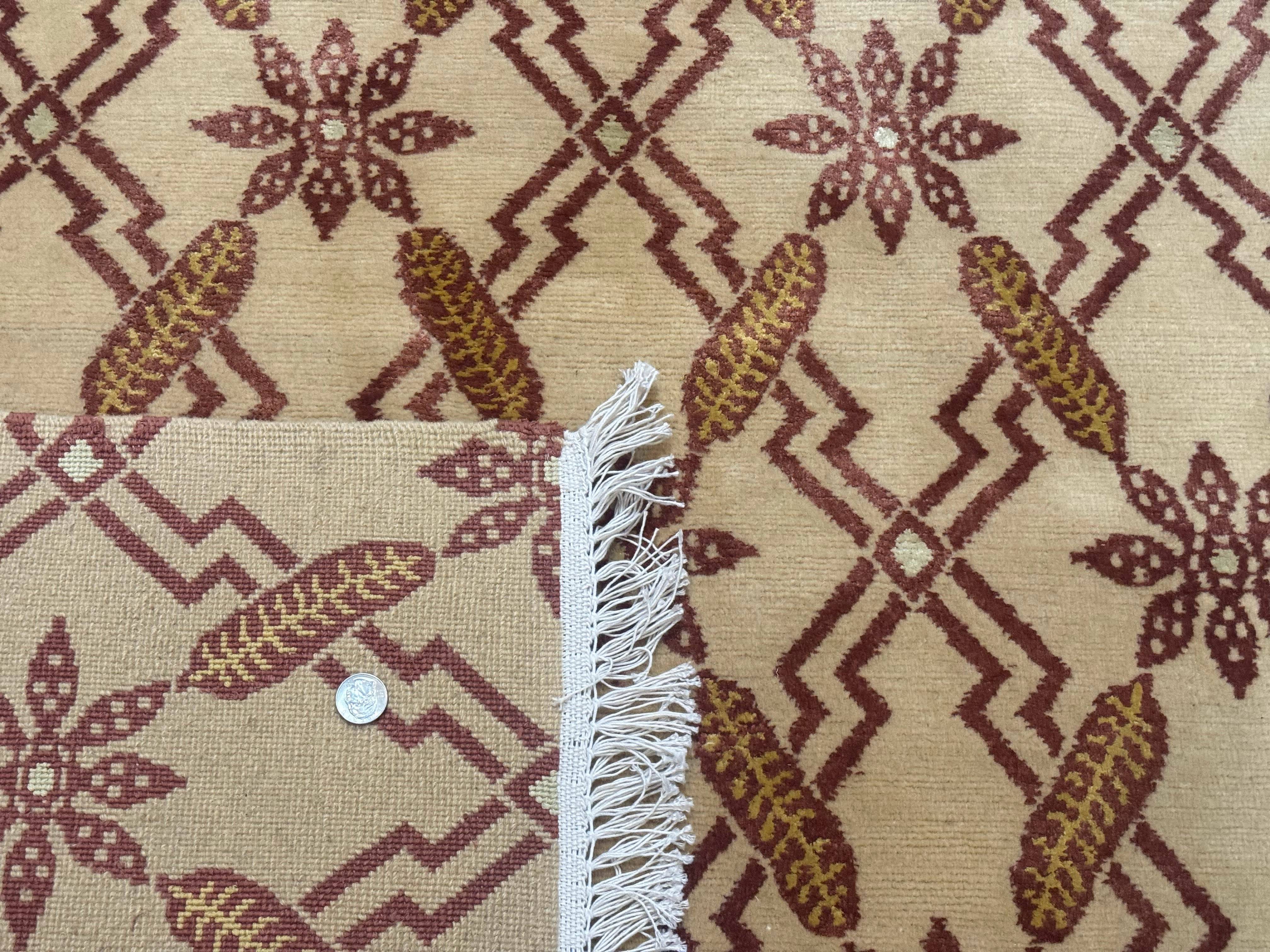 Tibetan Rug 8x10, Wool with Silk Highlights, Beige and Maroon, Contemporary Carpet - Jewel Rugs