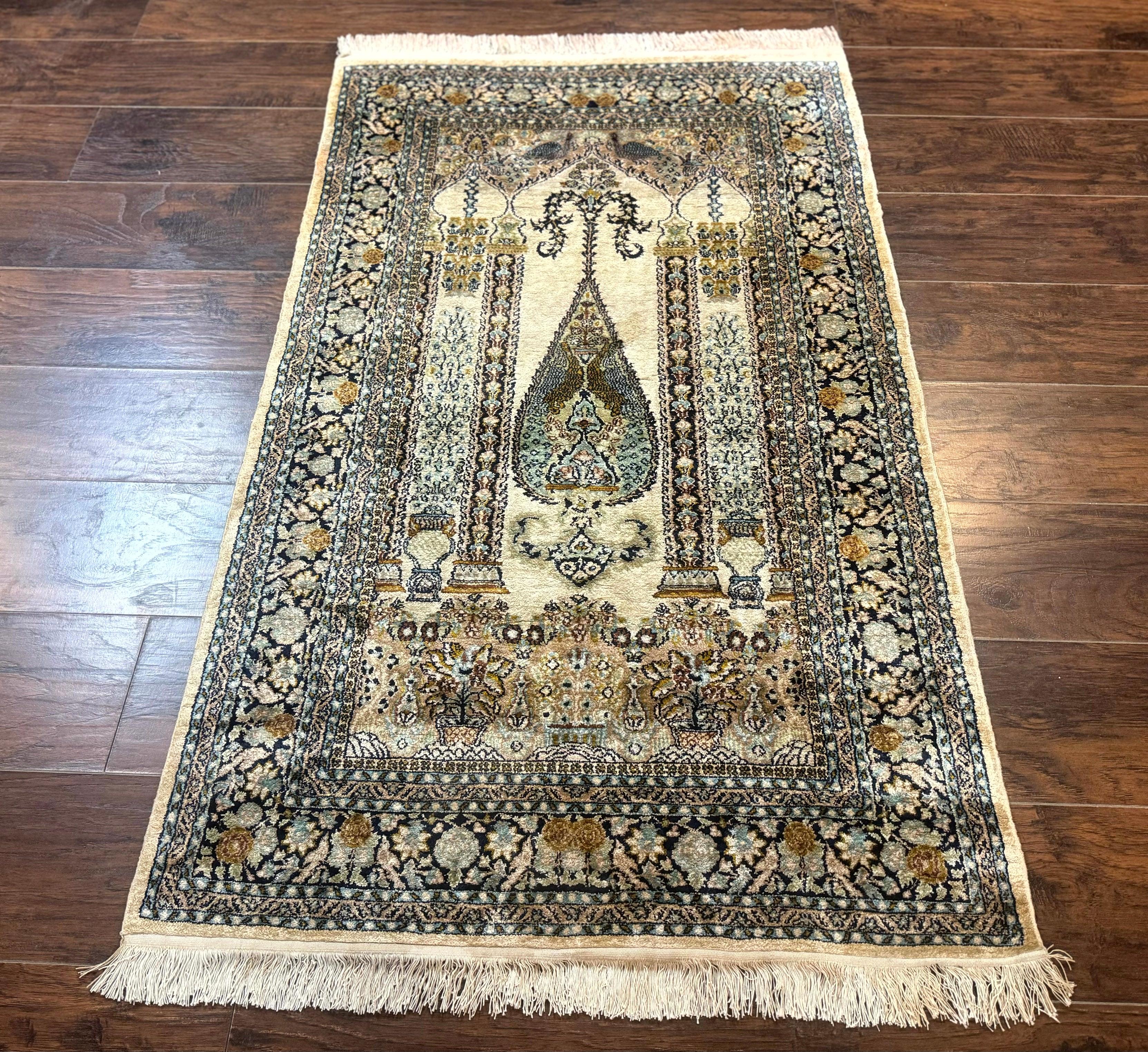 Silk Indian Kashmiri Rug 3x4, Very Fine 400 KPSI, Silk Prayer Rug, Handmade - Jewel Rugs