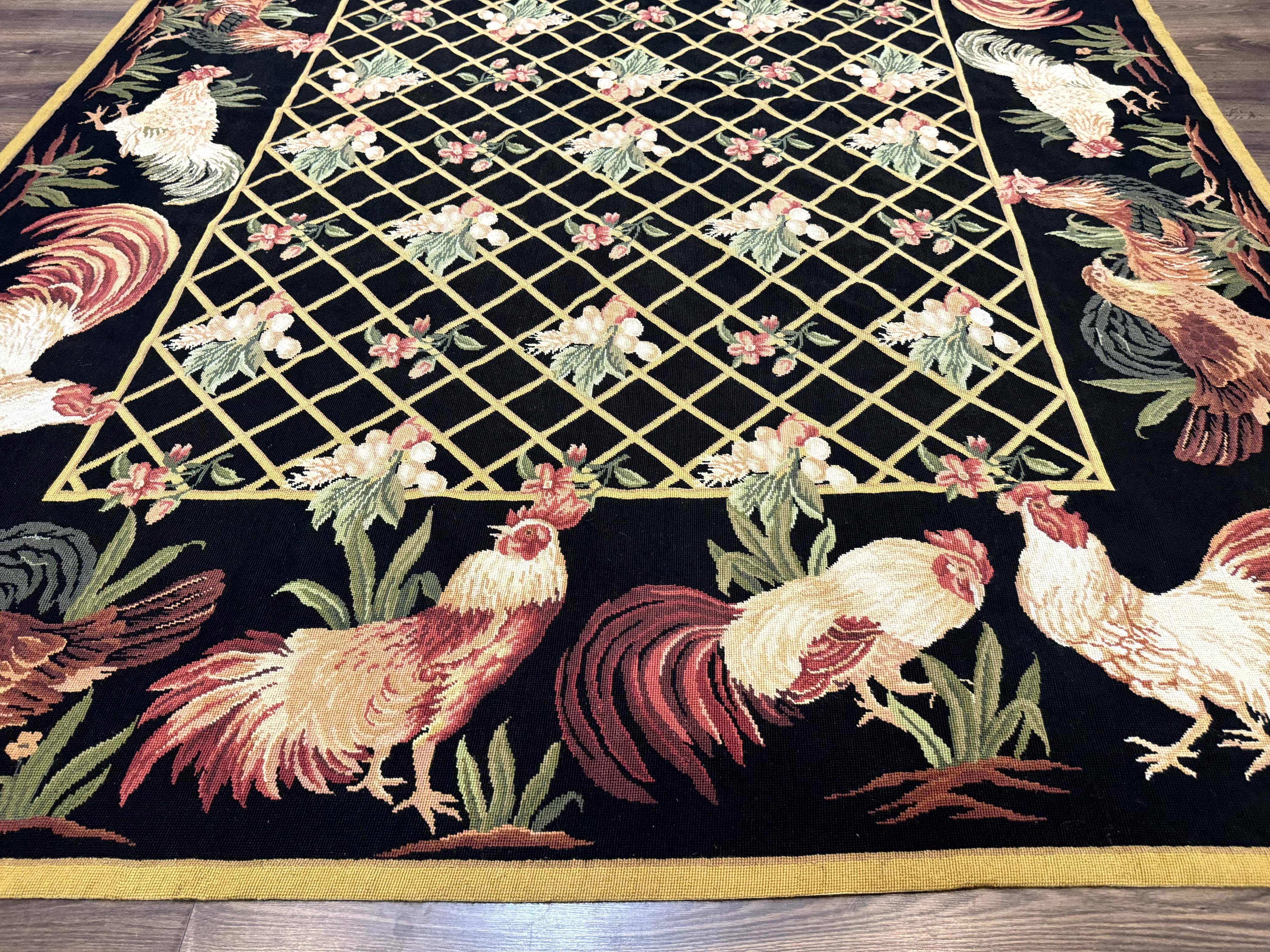 Black Needlepoint Rug 8x10, Roosters Floral Unique Needlepoint Carpet - Jewel Rugs