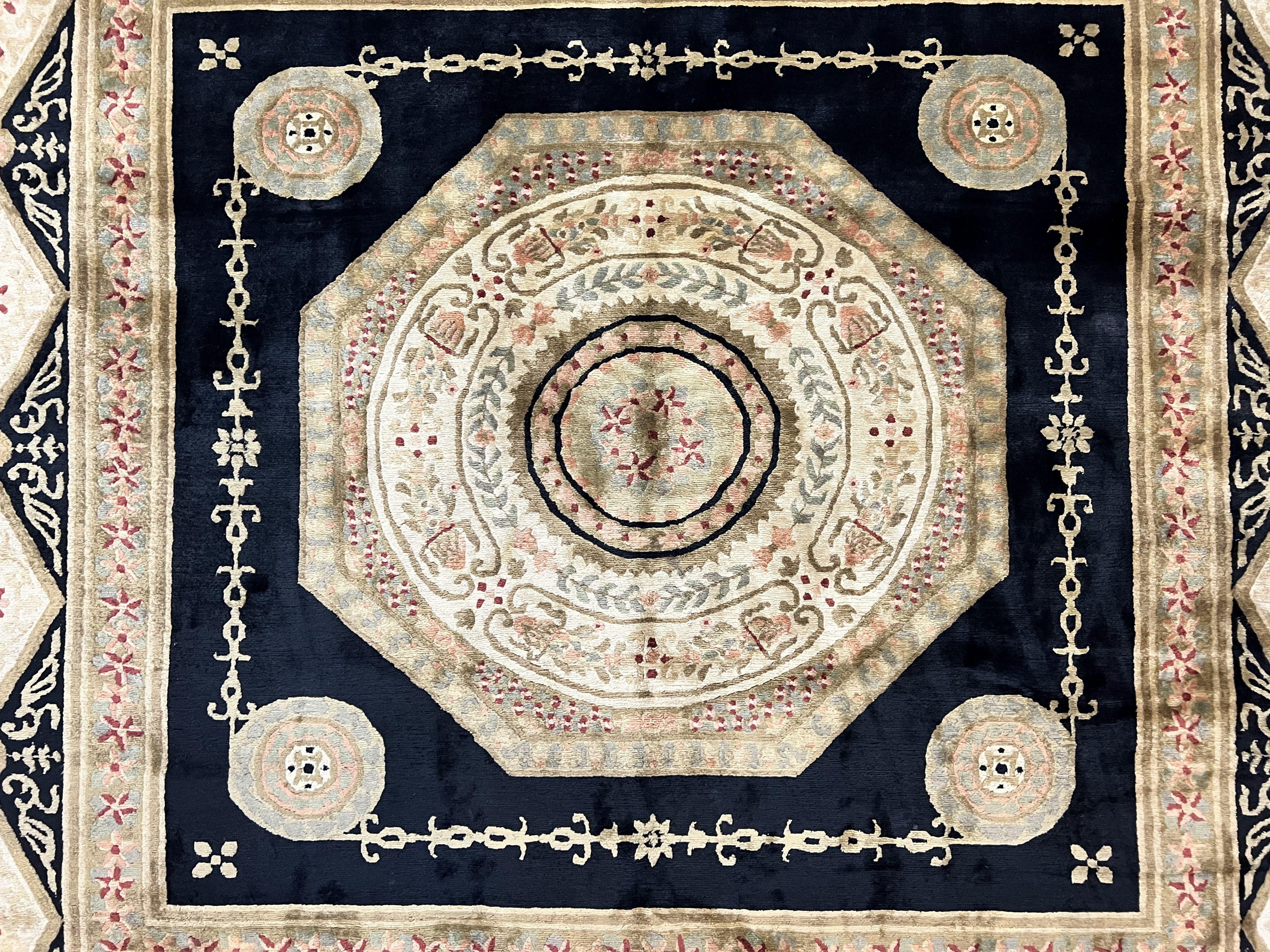 Tibetan Rug 8x10, Nepali Area Rug, Soft New Zealand Wool Carpet 8 x 10 ft, Black Tan Beige, Vintage Handmade Rug, French Aubusson Pattern - Jewel Rugs