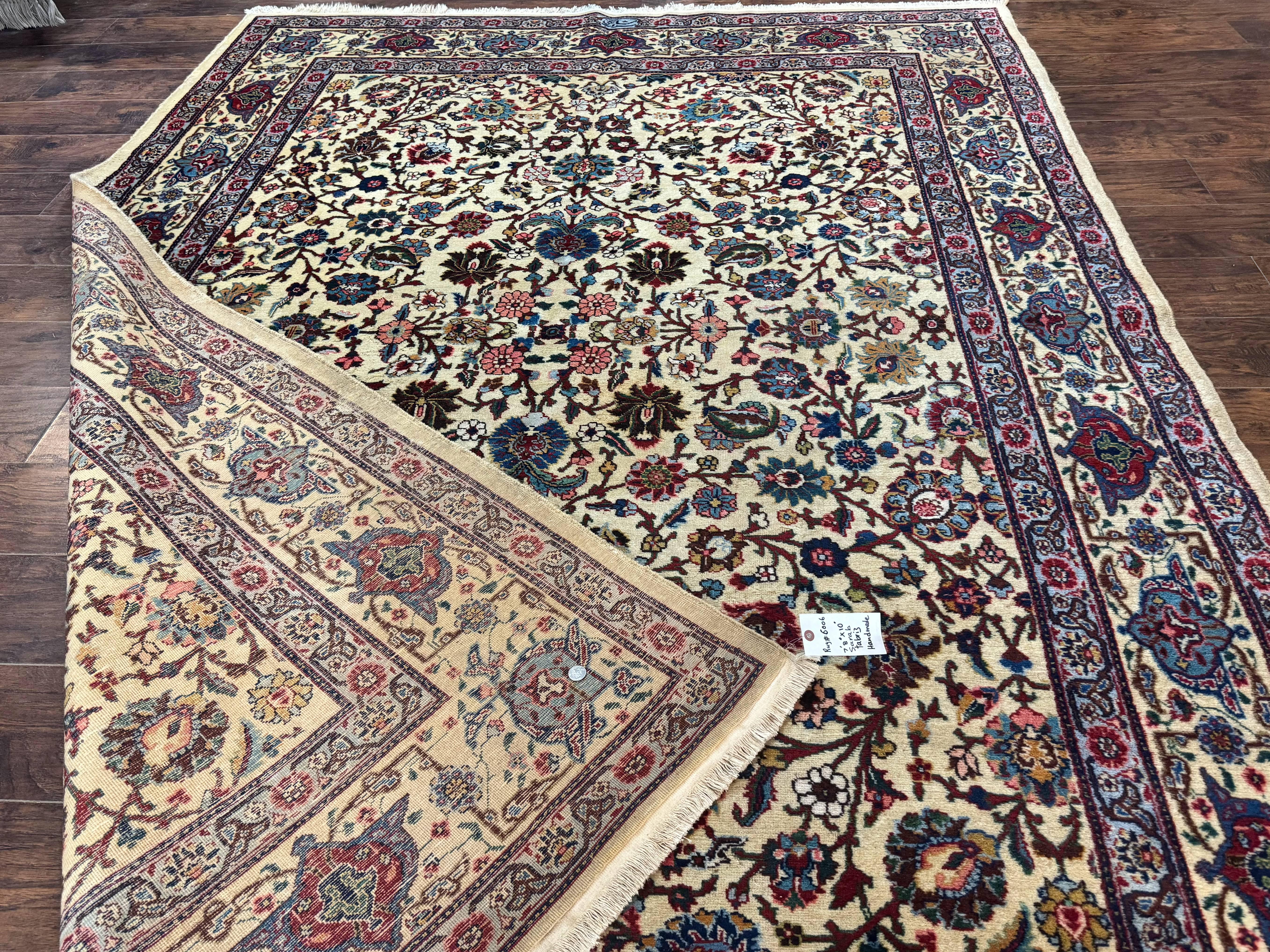 Antique Persian Tabriz Rug 8x10, Cream and Light Blue, Floral Allover, Signed, Handmade Wool Rug - Jewel Rugs