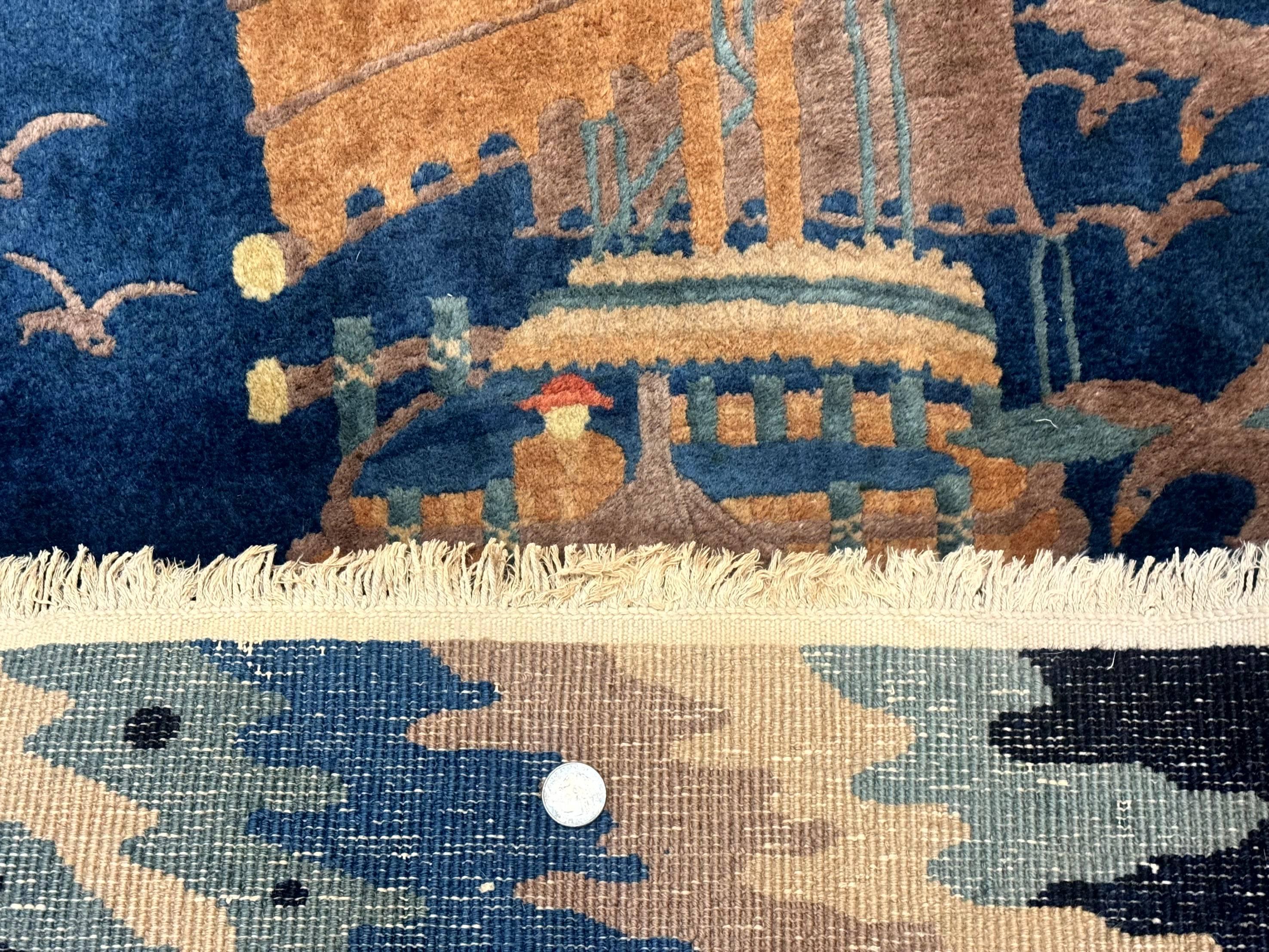Chinese Art Deco Rug 3x5, Blue, Sailboat and Birds, Seagulls, Ocean, Vintage, Handmade, Chinese Wool Rug, Peking Rug - Jewel Rugs