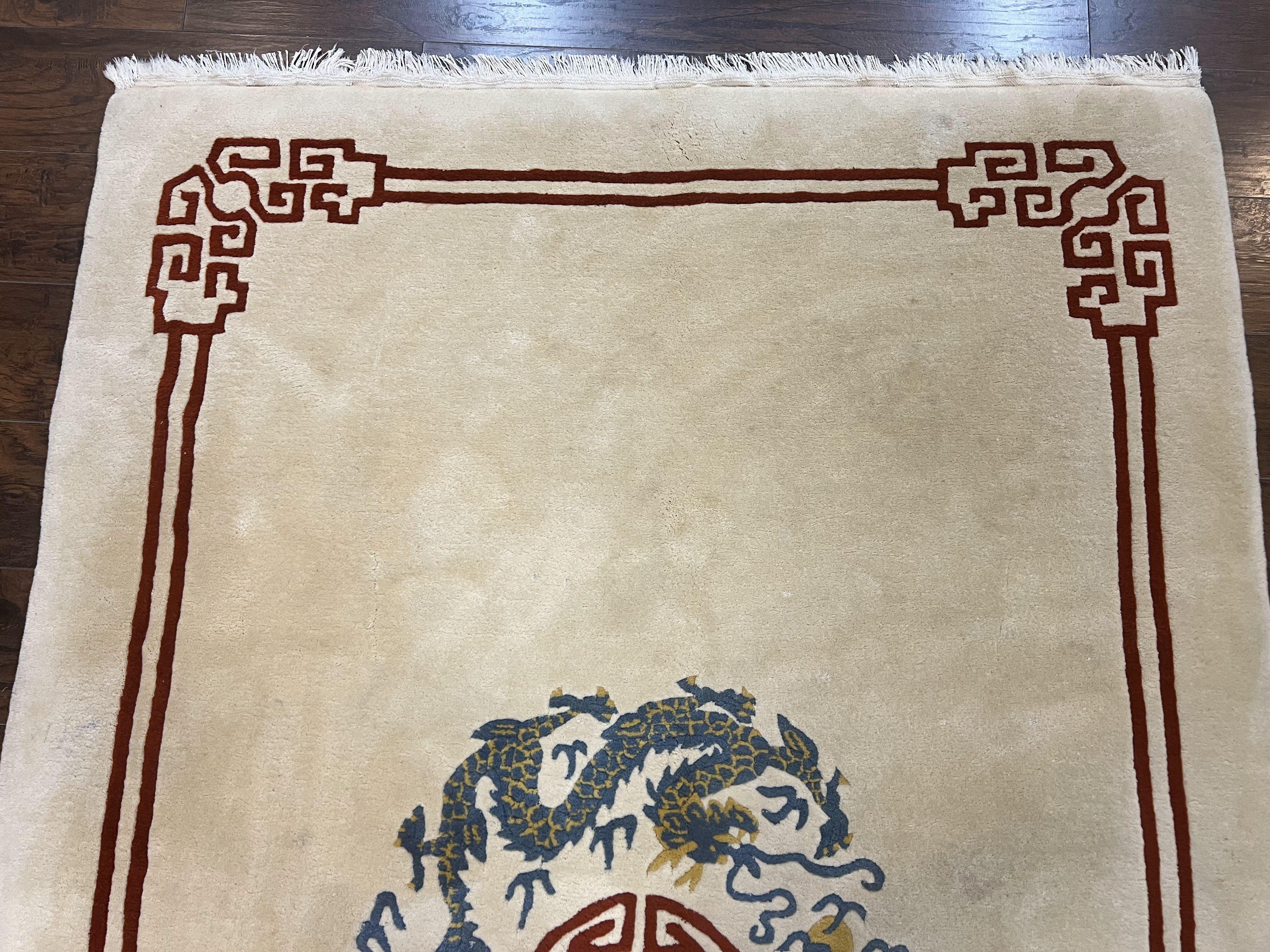 Chinese Wool Rug 5x8, Chinese Dragon Rug 5 x 8, Peking Carpet, Simple Design, Ivory, Wool Vintage Handmade Asian Art Deco Oriental Rug - Jewel Rugs