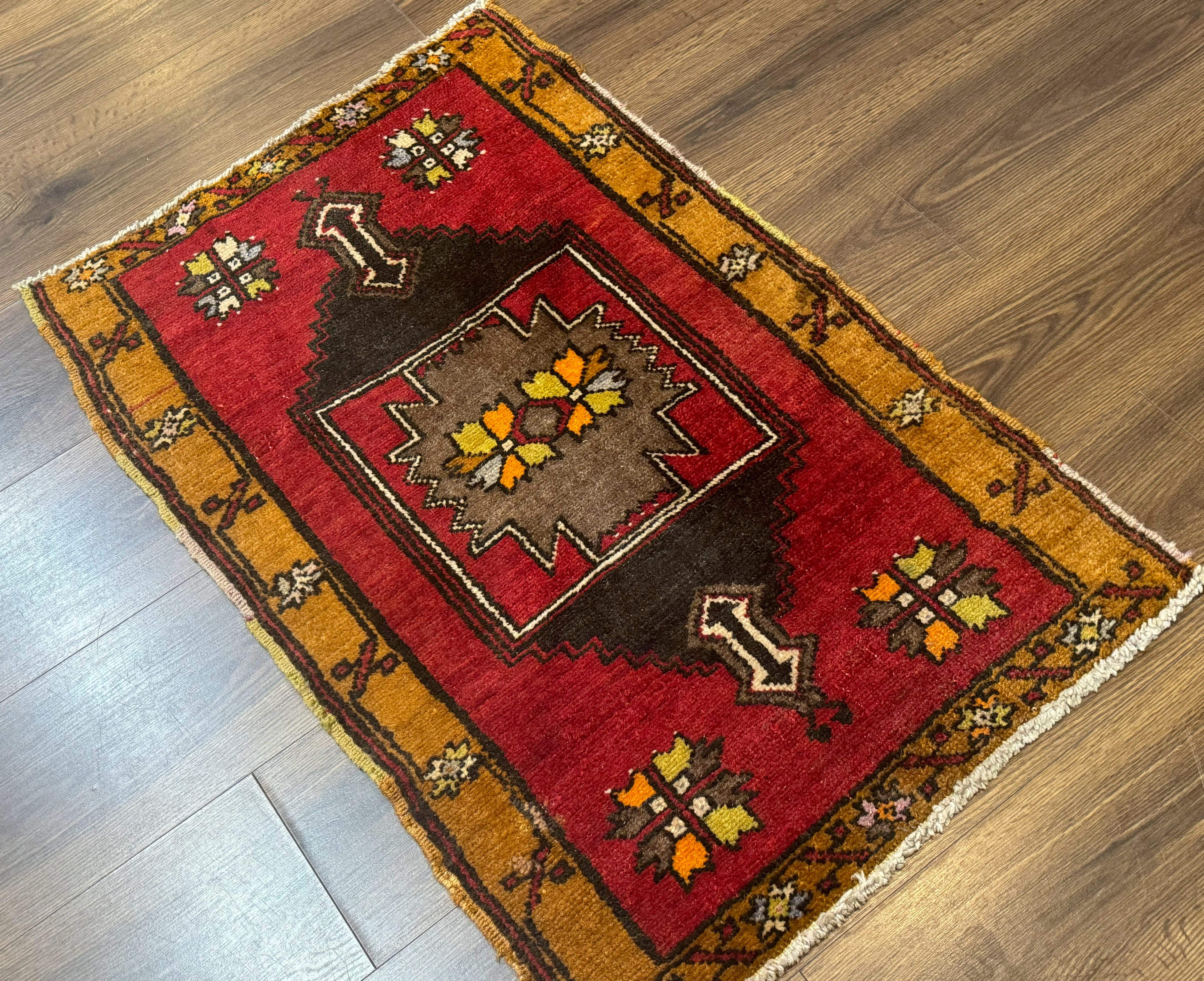 Turkish Yastik Rug 2x3, Geometric Medallion, Small Turkish Wool Rug, Red - Jewel Rugs