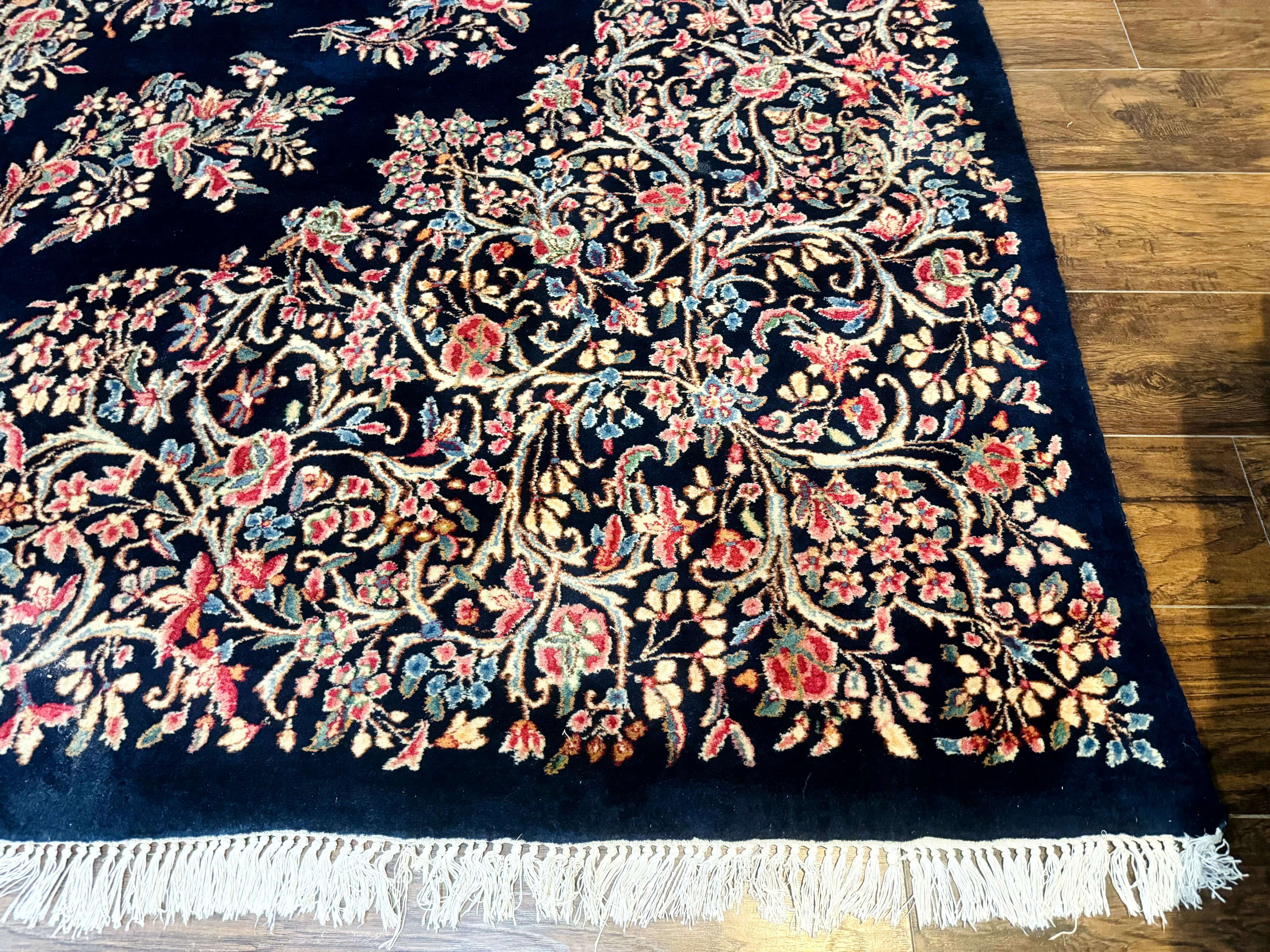 Antique Persian Kerman Rug 10x13, Navy Blue Floral Carpet, Fine 270 KPSI - Jewel Rugs