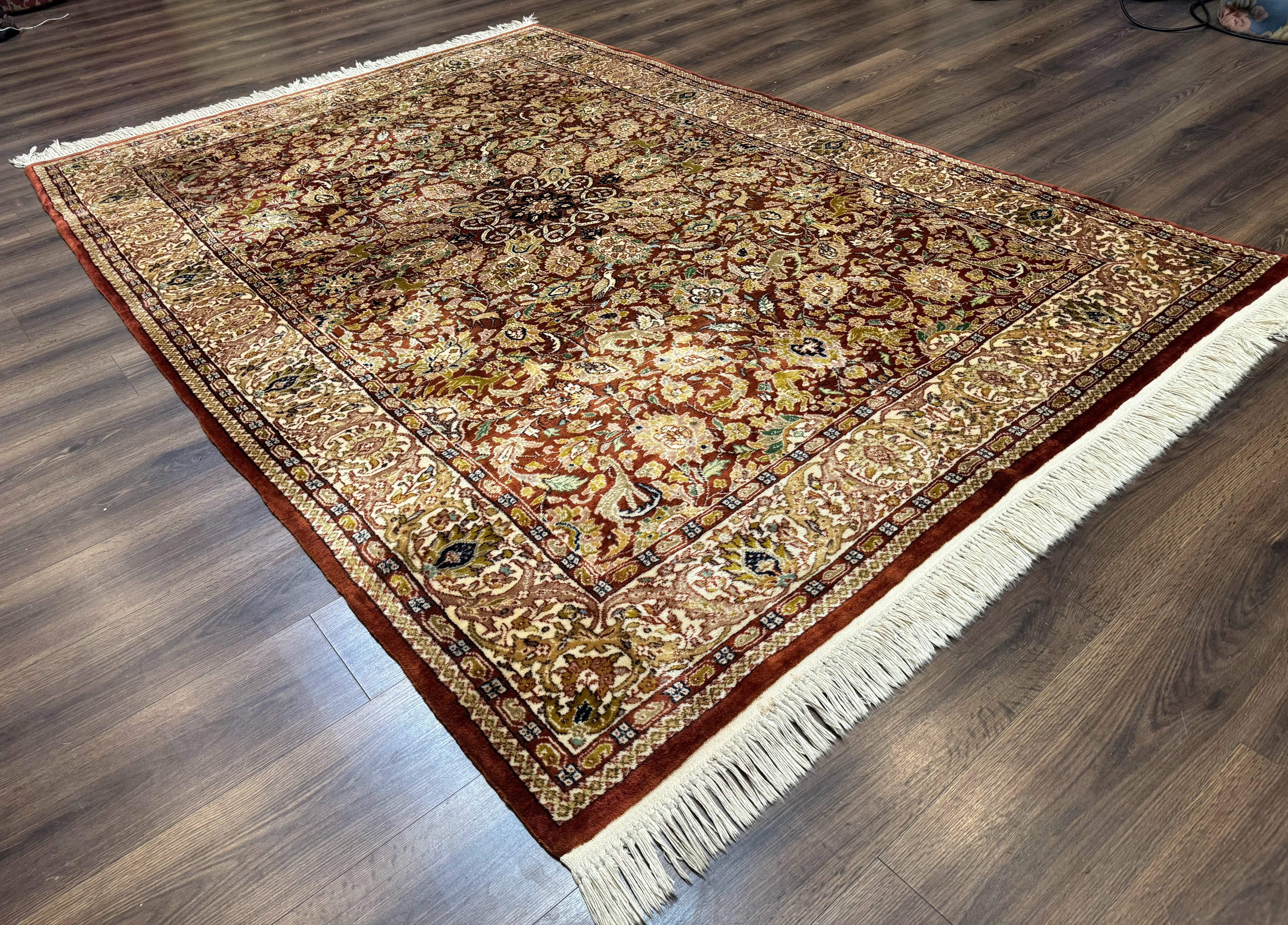 Tree of Life Indian Kashmiri Rug 6x9, Rust Red and Cream, Animal Pictorials, Fine 290 KPSI - Jewel Rugs