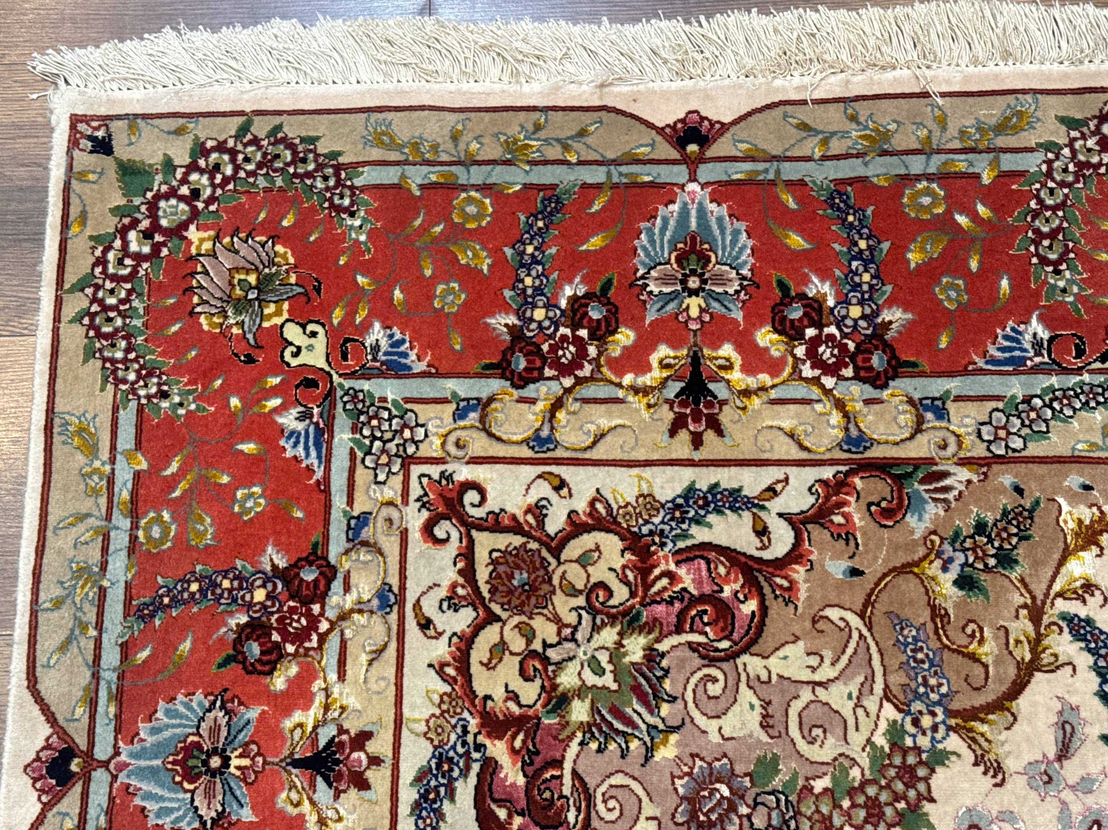 Wonderful Persian Tabriz Rug 5x7, Very Fine 440 KPSI, Ivory and Coral, Rare - Jewel Rugs