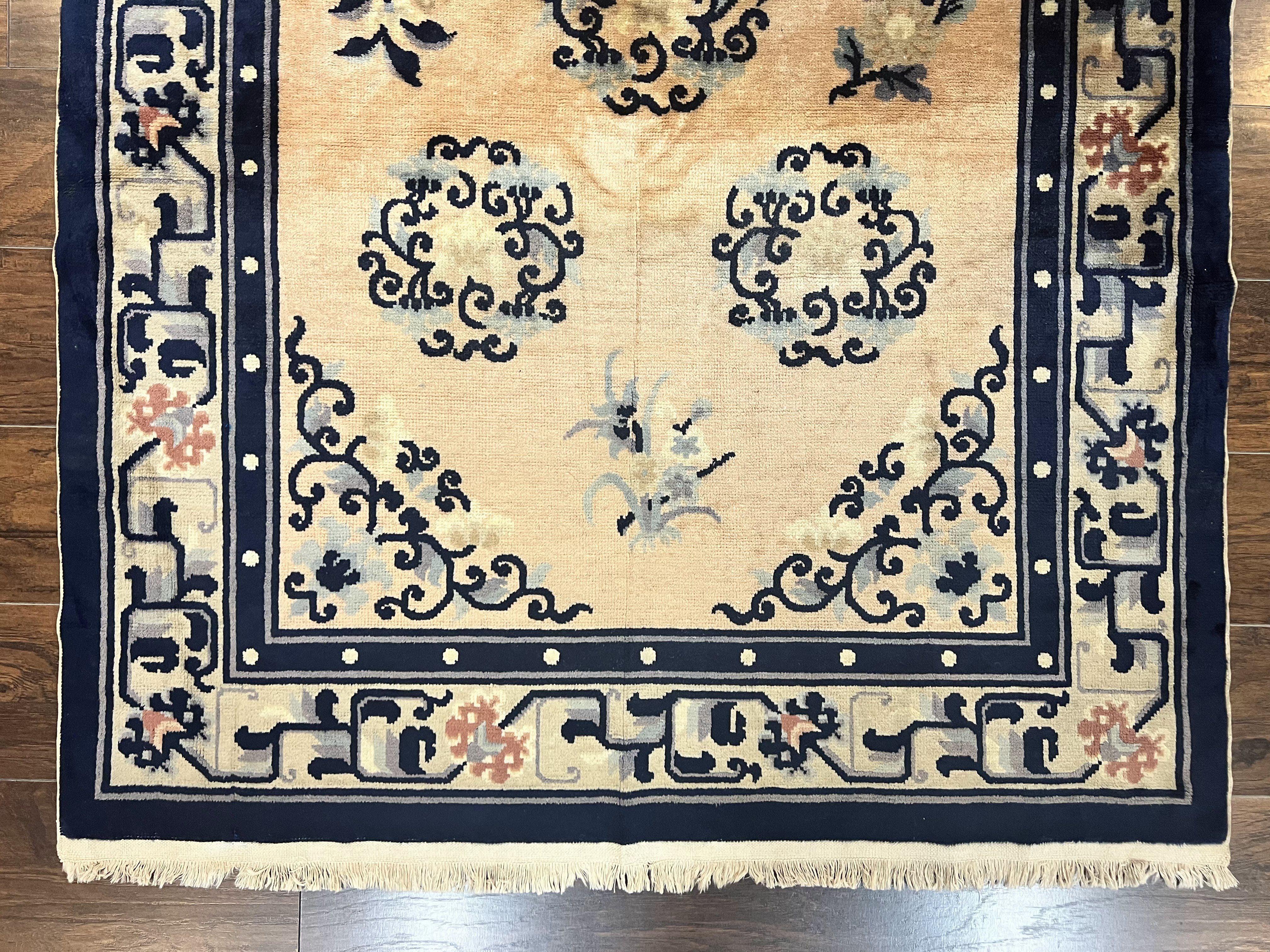 Chinese Peking Rug 4x6, Wool Hand Knotted Handmade Vintage Semi Antique Carpet, Semi Open Field, Light Peach & Navy Blue, Art Deco Rug - Jewel Rugs