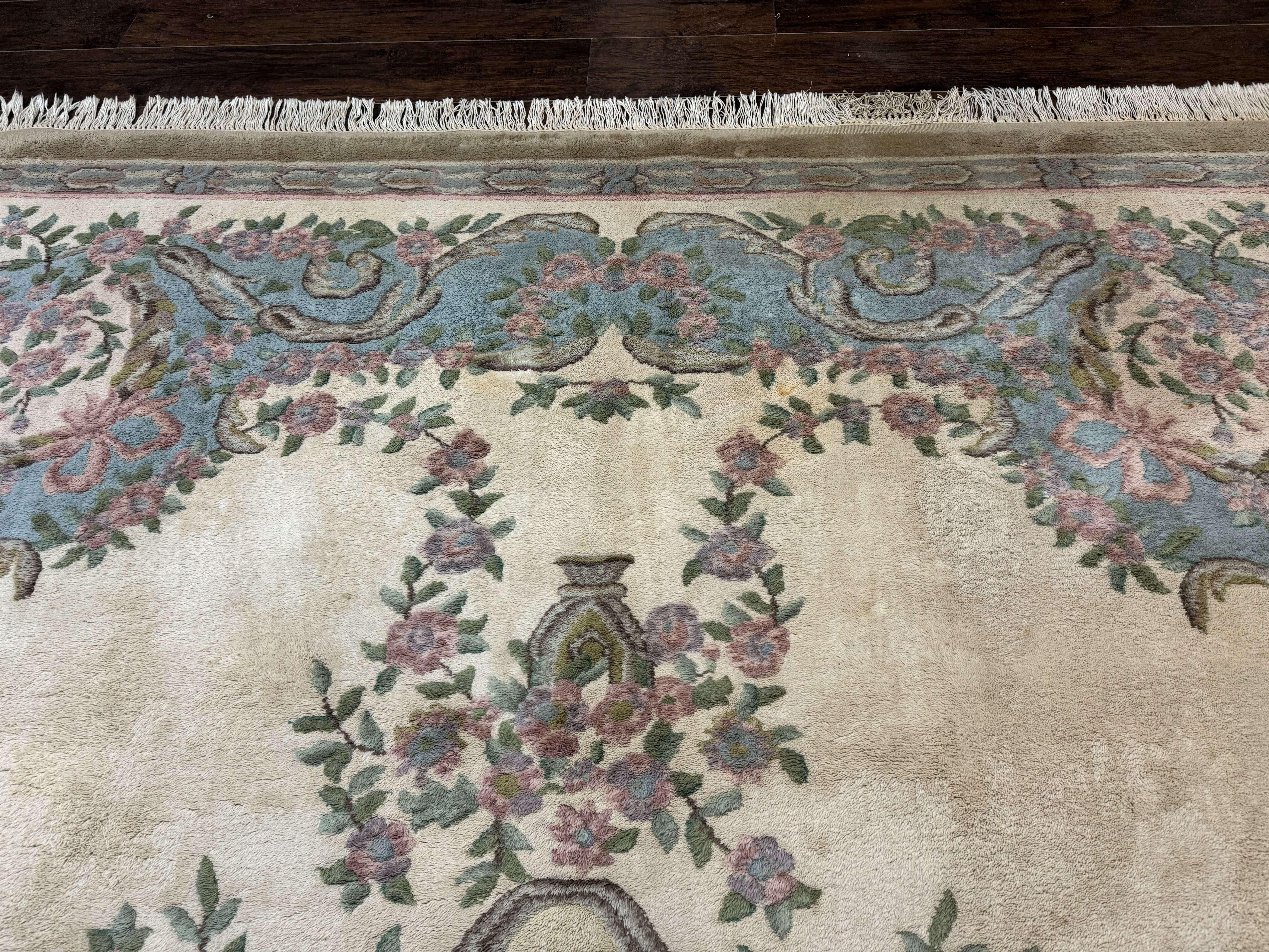 Indo Chinese Aubusson Rug 9x12, Beige and Light Blue, European Design, Wool Area Rug - Jewel Rugs