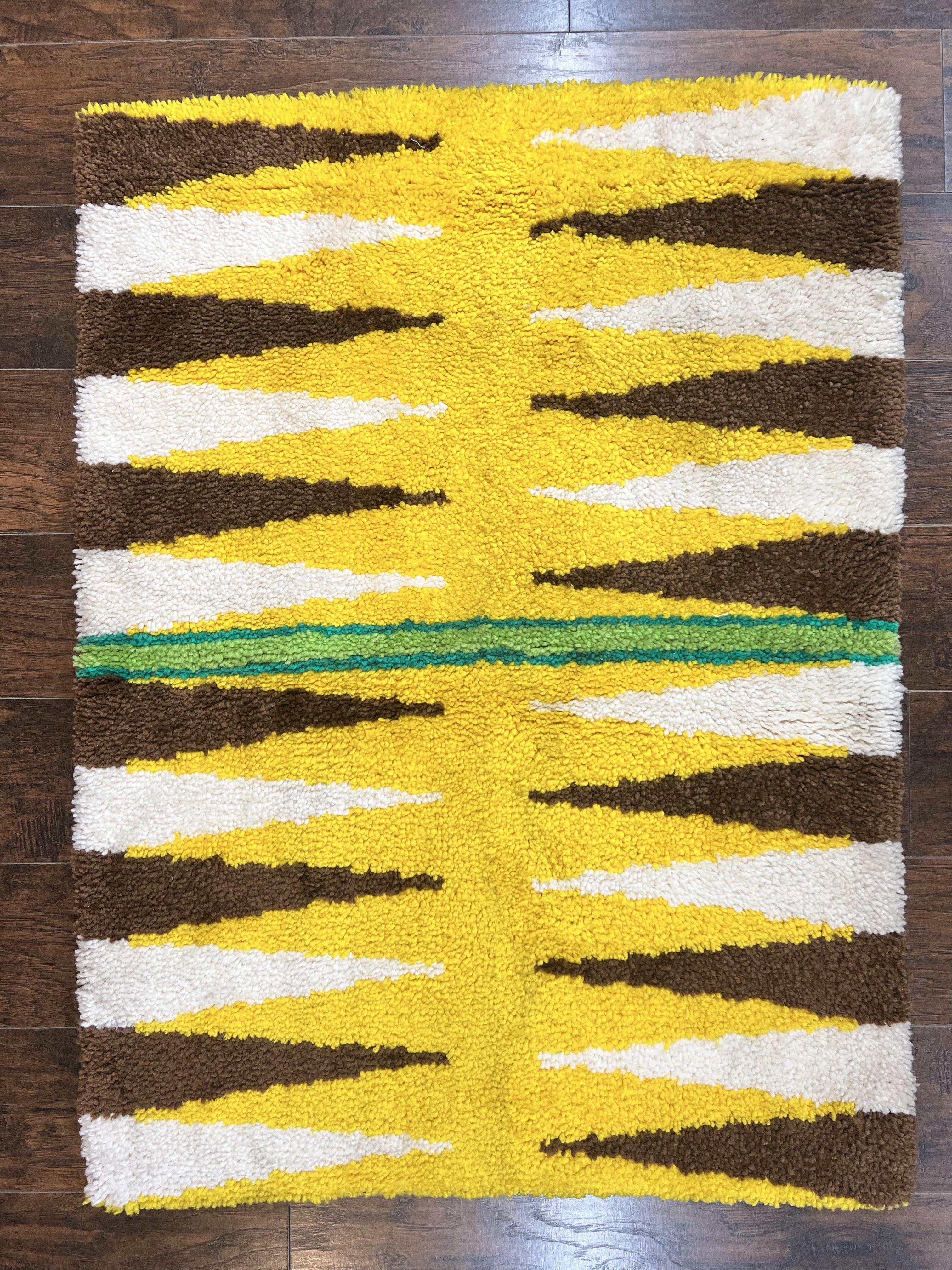 Danish Rya Rug 3x4, Vintage Mid Century Retro Rya Shag Rug, Stripes, Yellow Ivory Brown - Jewel Rugs