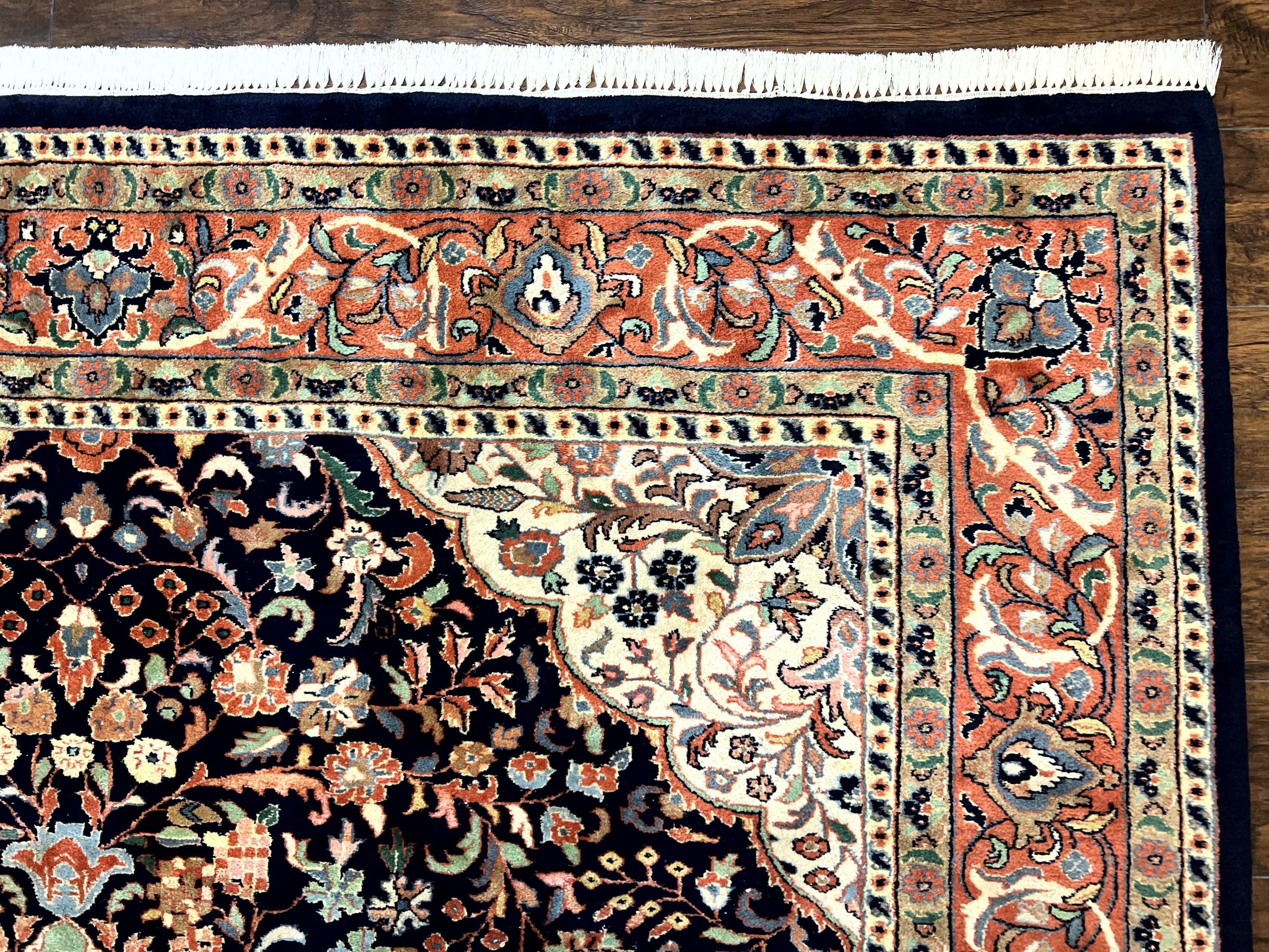 Indo Persian Rug 8x10, Midnight Blue & Red, Handmade Vintage Wool Carpet, Floral Medallion - Jewel Rugs
