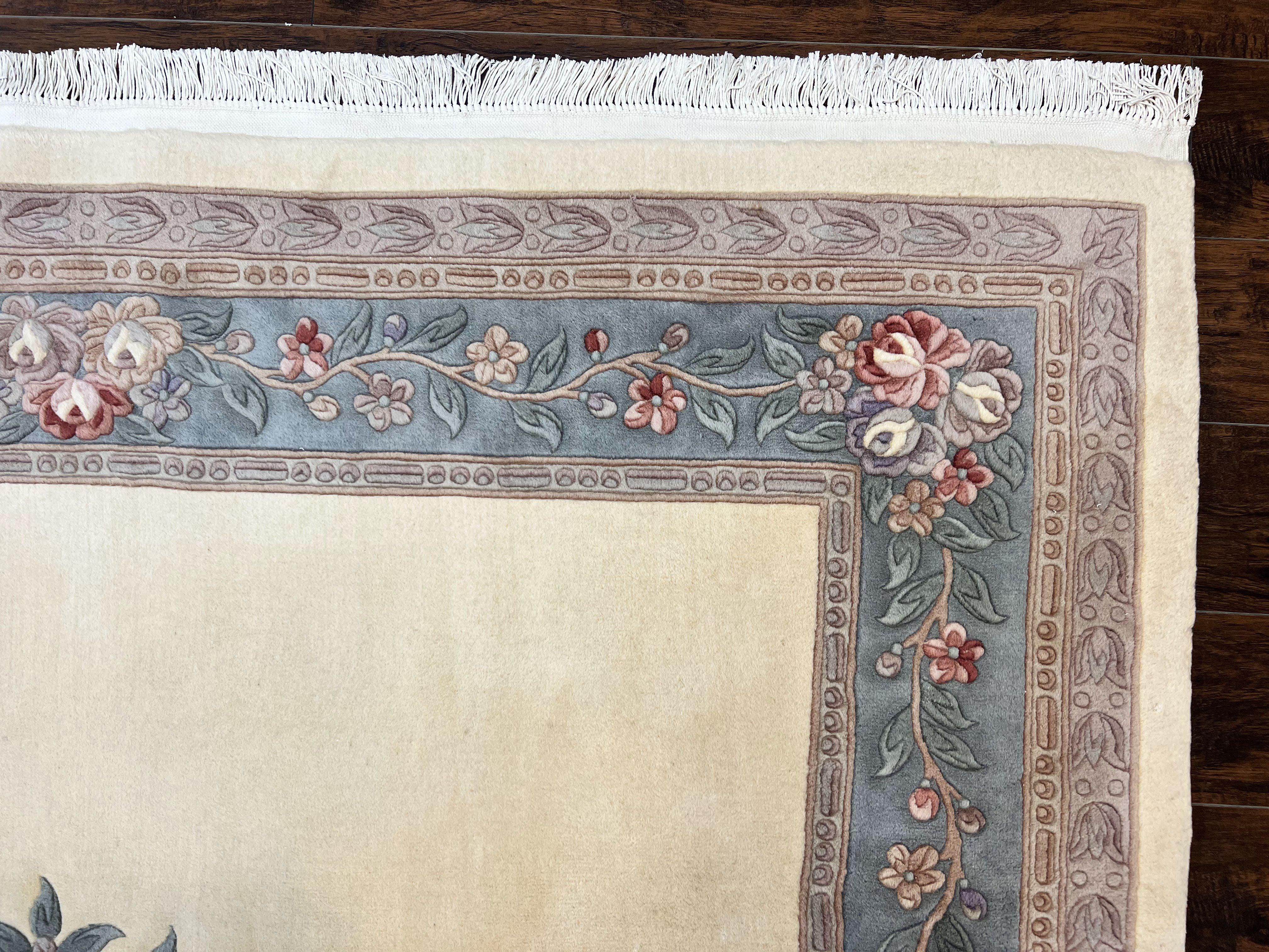 Chinese Carving Rug 8x10, Chinese Wool Carpet 8 x 10, Cream, 120 Line Rug, Vintage Handmade Art Deco Asian Oriental Rug, Aubusson Rug - Jewel Rugs